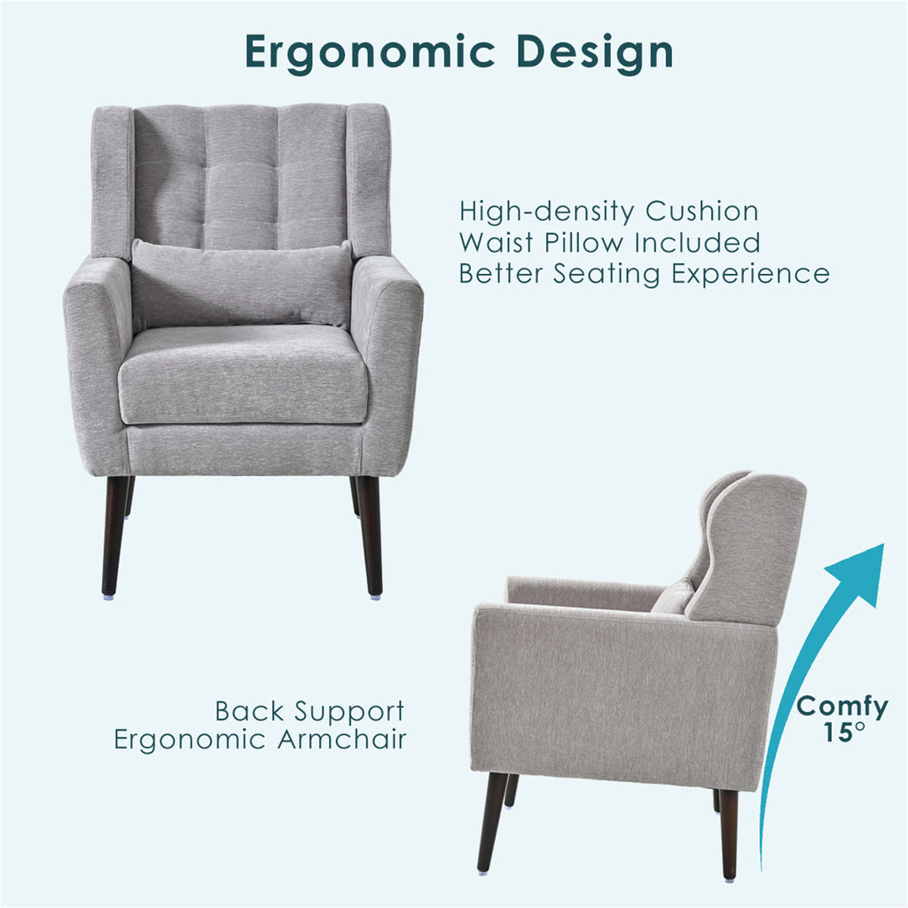 Modern Accent Chair Chenille Arm Chairs for Living Room Upholstered Comfy Soft Padded Lounge Chair with Pillow Solid Wood Leg Gray - Grand Goldman Shop