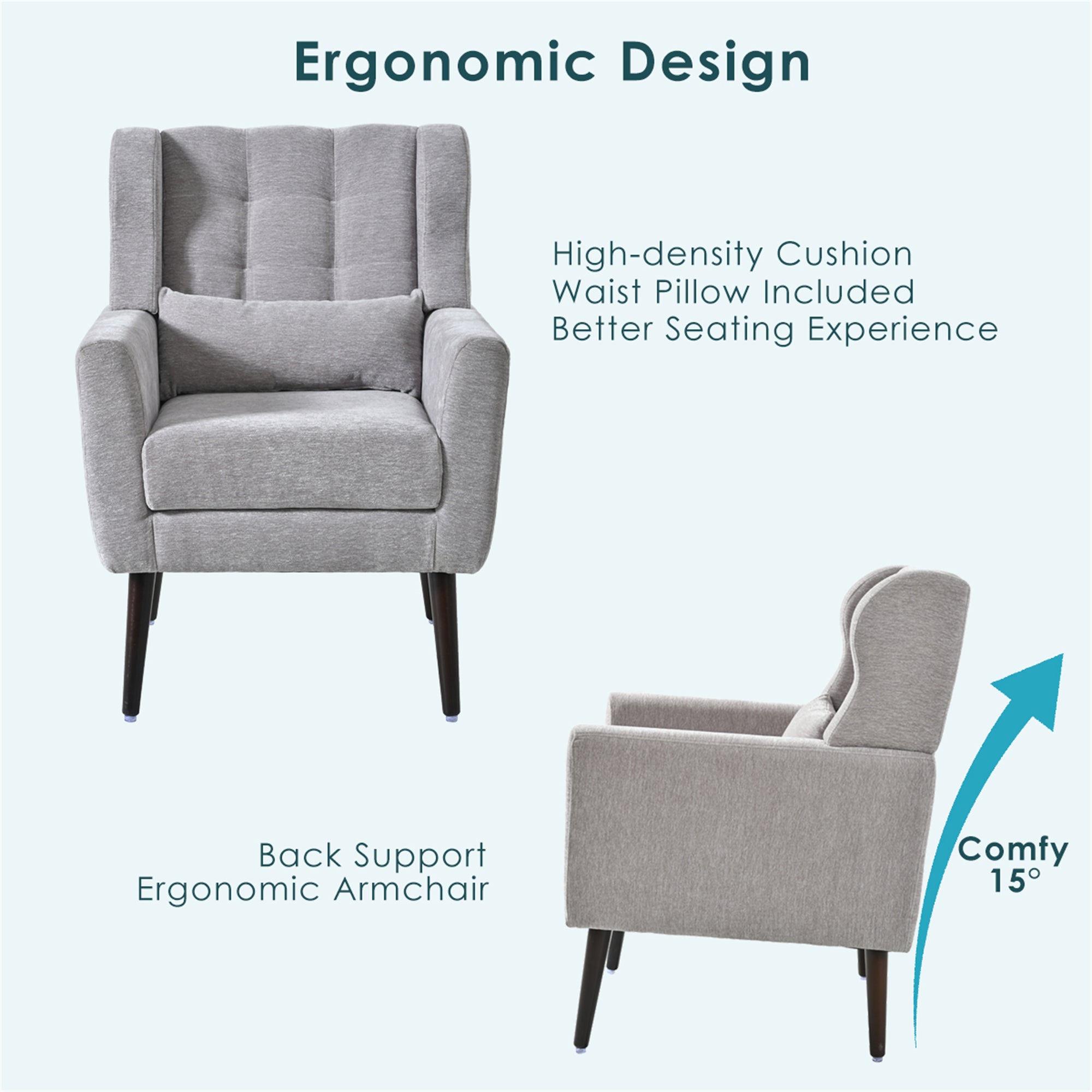 Modern Accent Chair Chenille Arm Chairs for Living Room Upholstered Comfy Soft Padded Lounge Chair with Pillow Solid Wood Leg Gray - Grand Goldman Shop