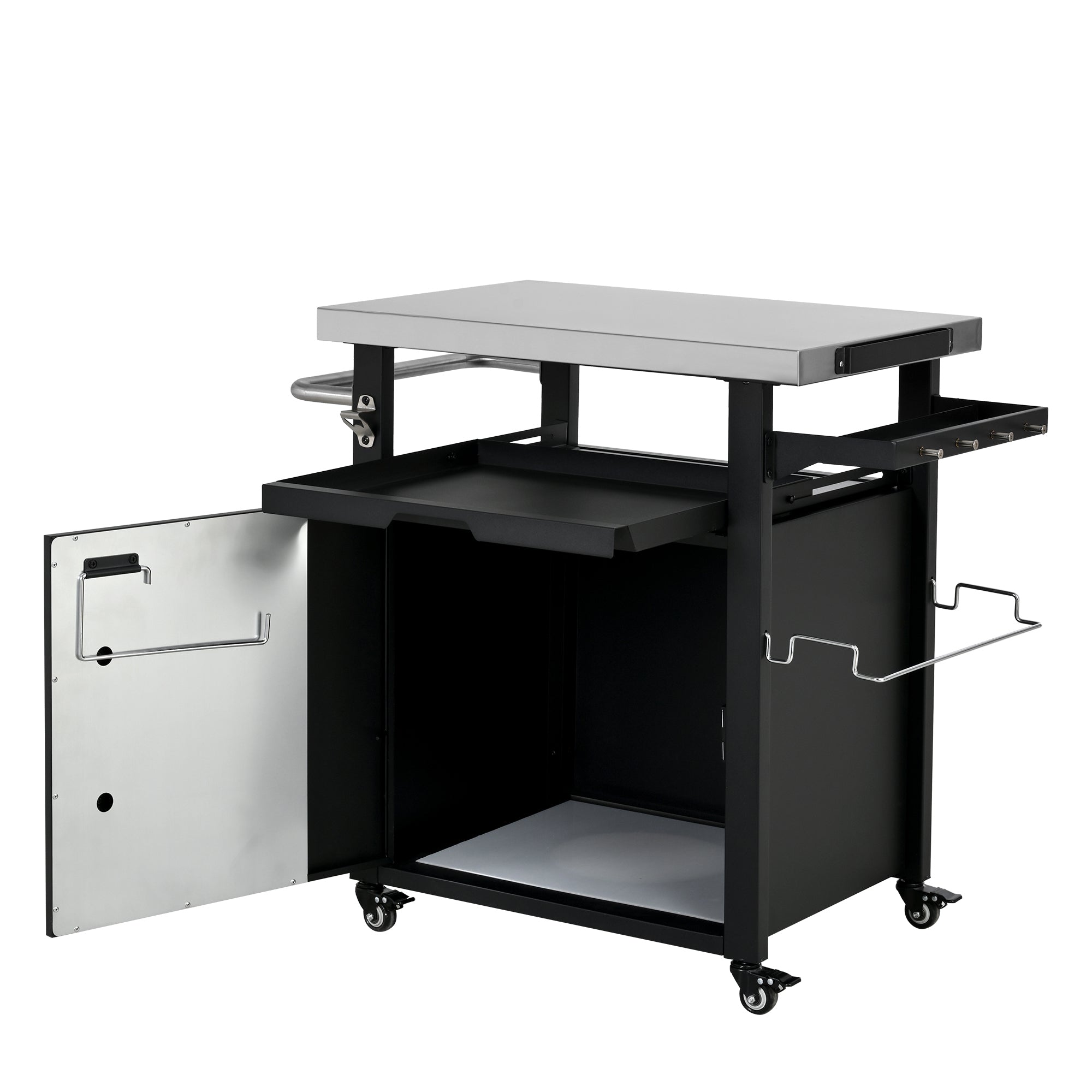 K&K 39.5' Outdoor Grill Cart with Storage Cabinet, Outdoor Bar Cart Pizza Oven Table with Wheels, Stainless Steel Top, Outdoor Kitchen Island with Spice & Paper Rack for BBQ, Waterproof Cover Included - Grand Goldman Shop