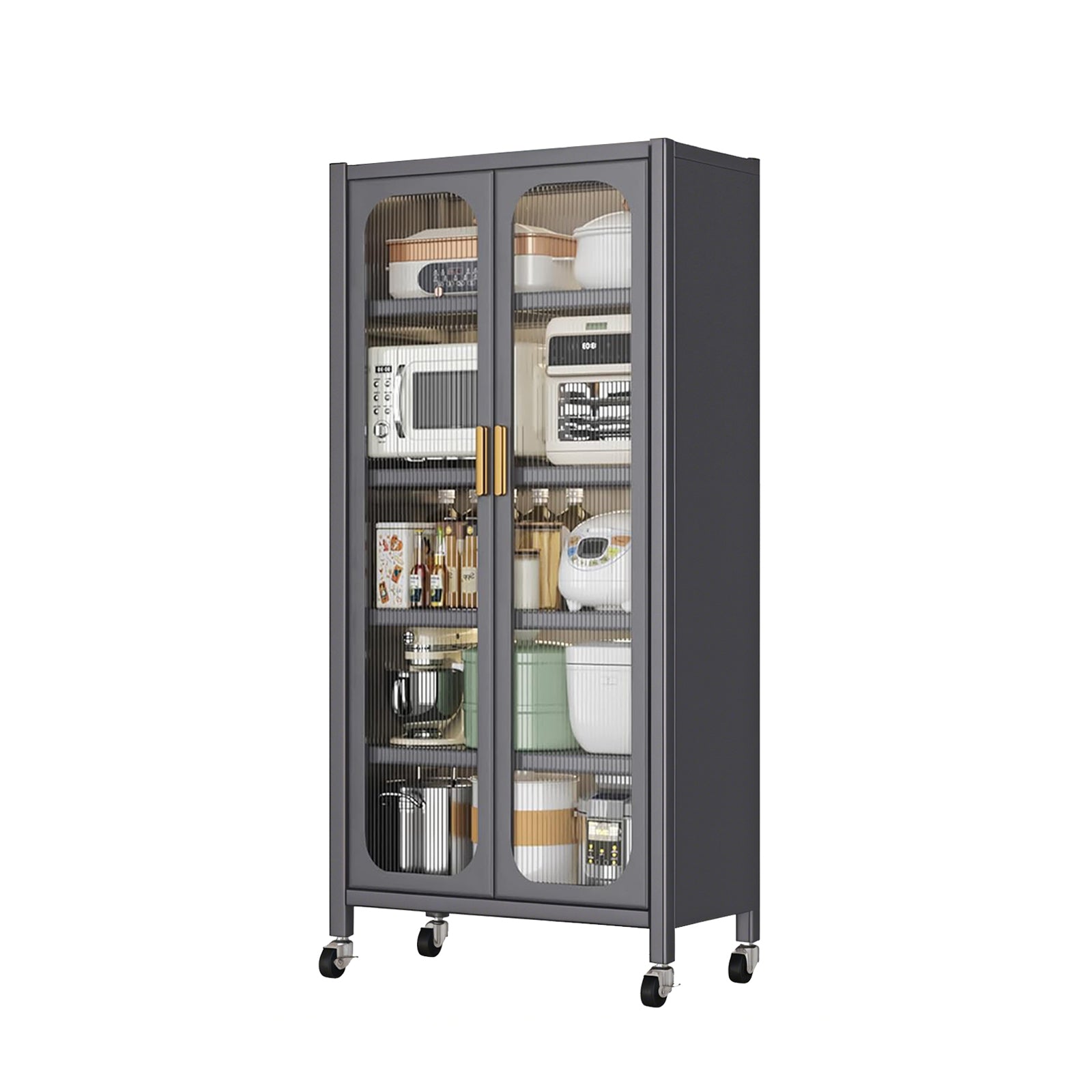 65'  Metal 6-Tier Storage Cabinet with Transparent Door, Adjustable Shelves & Wheels, for Kitchen Pantry Organization, Gray Metal - Grand Goldman Shop