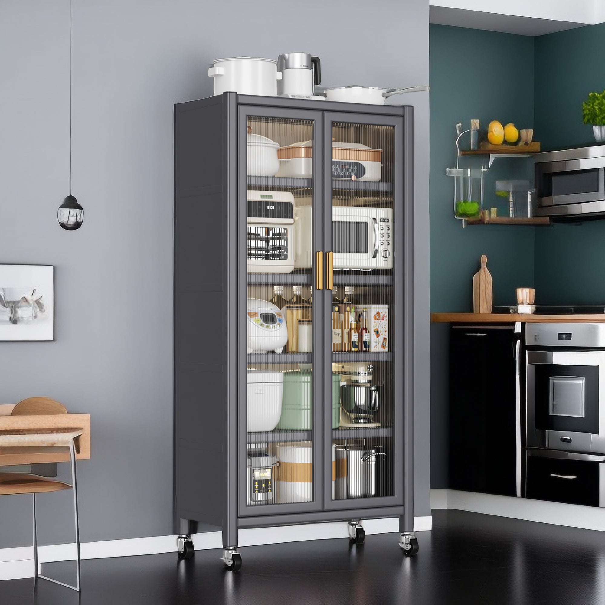 Open-door kitchen shelving Floor-to-ceiling multilevel household microwave storage cabinet bowls side cabinets cabinets Storage cabinets Grey color - Grand Goldman Shop