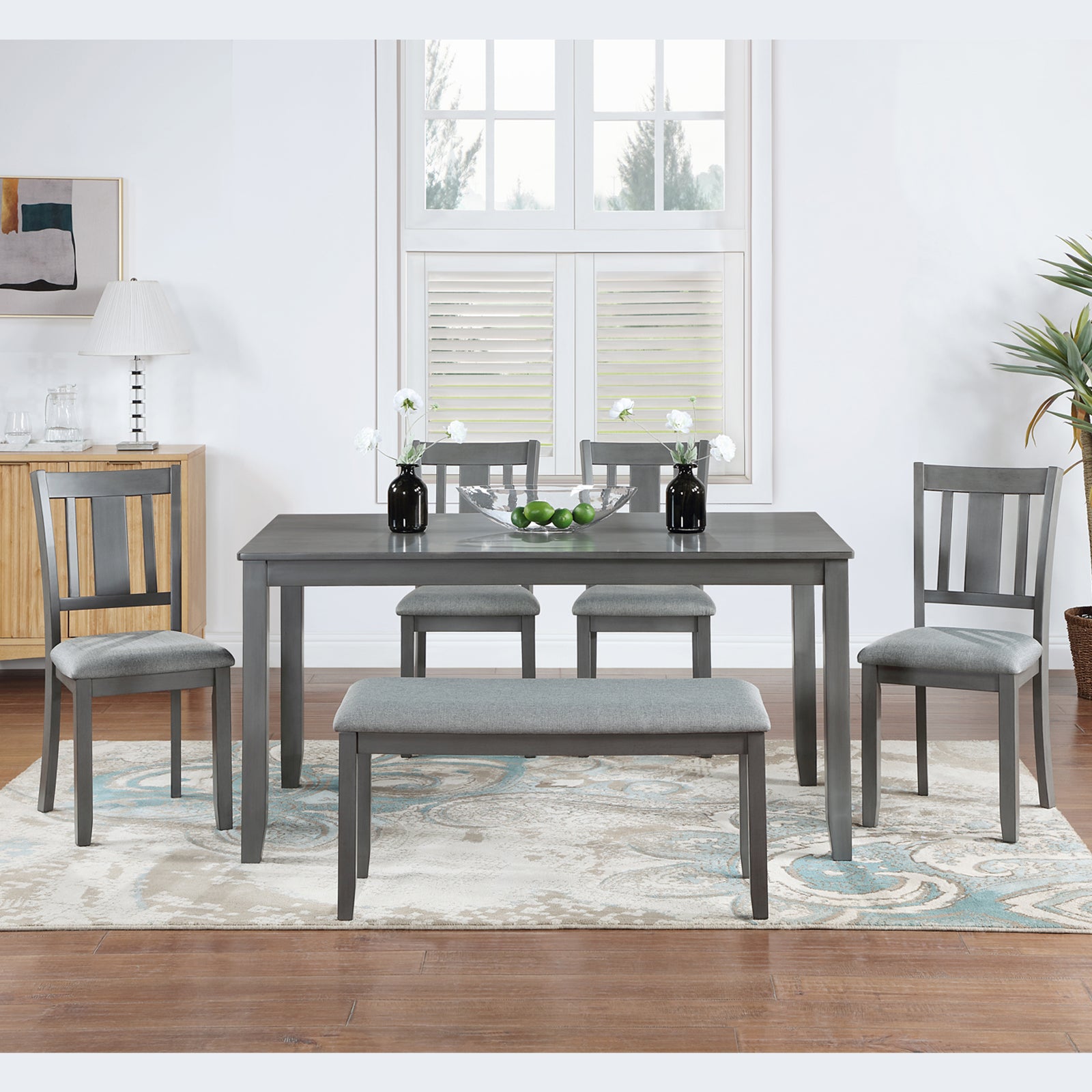 6PCs Kitchen Dining Set, Rectangular Wooden Dining Table with 4 Upholstered Chairs and a Bench, Dining Table Set for 6 People, Living Room, Home Bar and Kitchen, Gray - Grand Goldman Shop