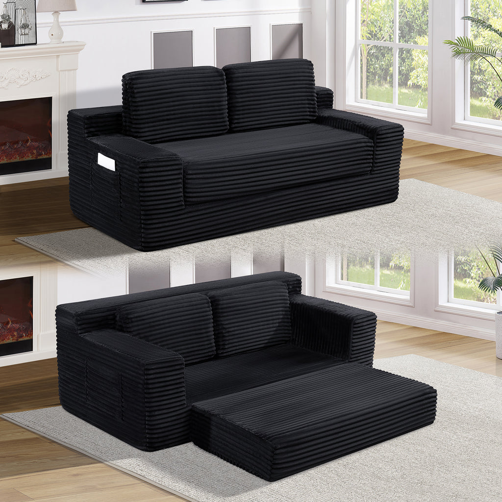 Corduroy Cloud Double Sofa, 2-in-1 Convertible Sofa Bed, Comfortable Boneless Double Sofa, Suitable for Living Room, Apartment, Small Space Black - Grand Goldman Shop