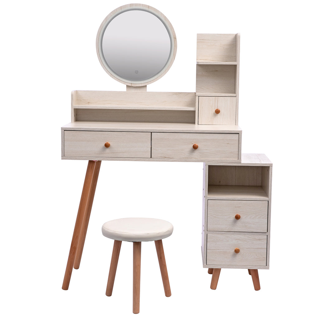 CRAZY ELF Stylish Vanity Table + Cushioned Stool, Touch Control LED Mirror, Large Capacity Storage Cabinet, 5 Drawers, Fashionable Makeup Furniture, Length Adjustable(L31.5'-43.2'x W15.8' x H48.1') - Grand Goldman Shop