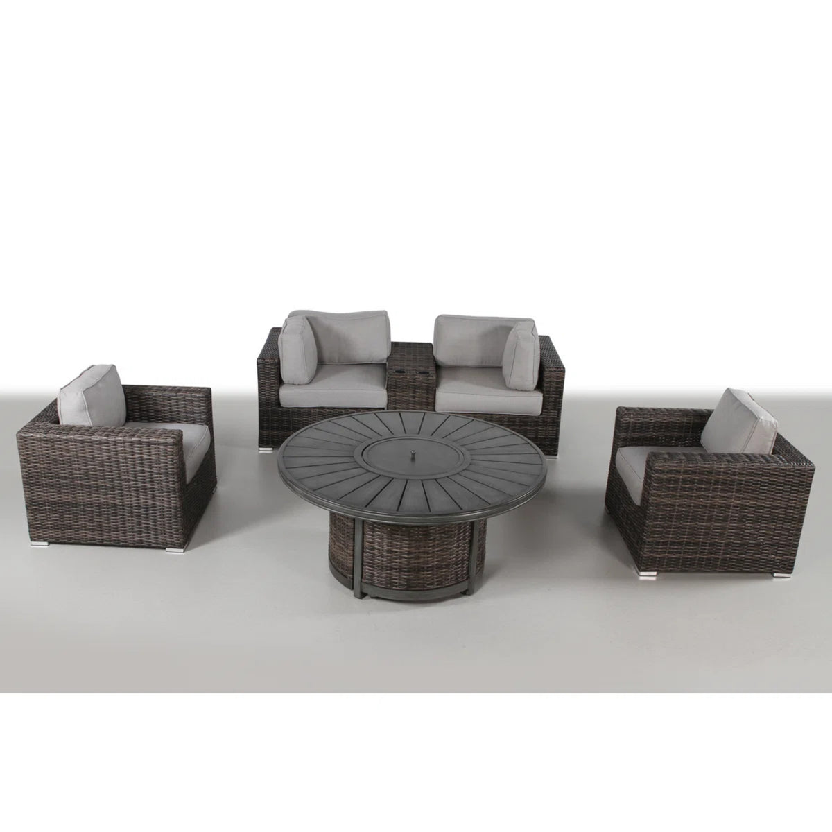 HDPE Rattan Lounge-Sitzgruppe für 4 Personen mit Kissen und Feuertisch, Braun