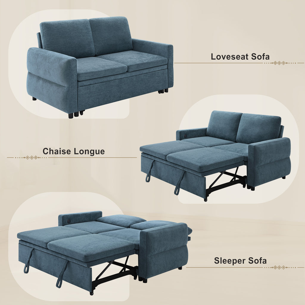 Convertible Sofa Bed 62.75' Loveseat with Adjustable Backrest and USB Ports in Blue Chenille Fabric - Grand Goldman Shop