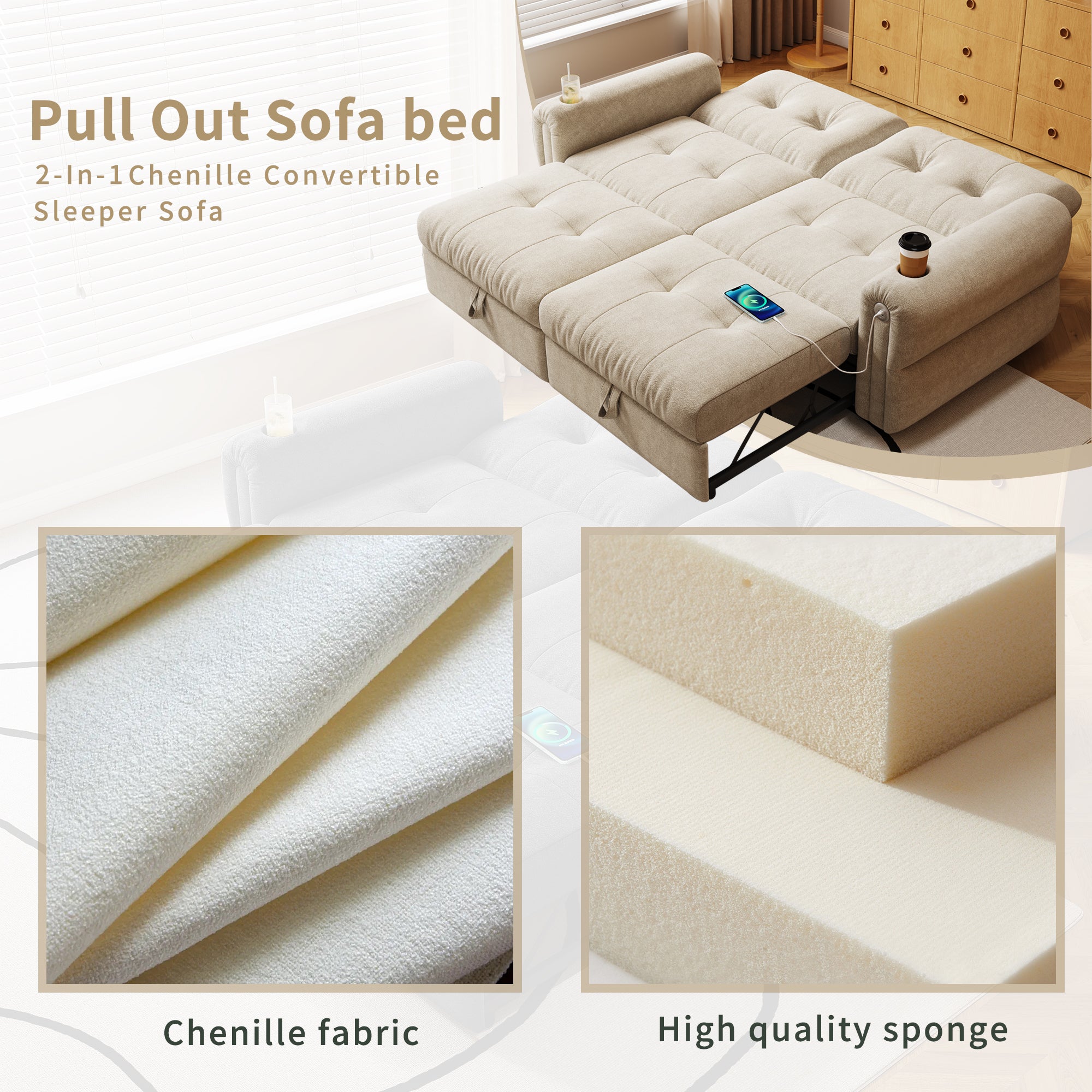 It is a multi-functional sofa, a 77-inch convertible sofa bed, and a 2-in-1 piece suitable for both sitting and lying down. Made of  Chenille fabric, it is suitable for living rooms, bedrooms - Grand Goldman Shop