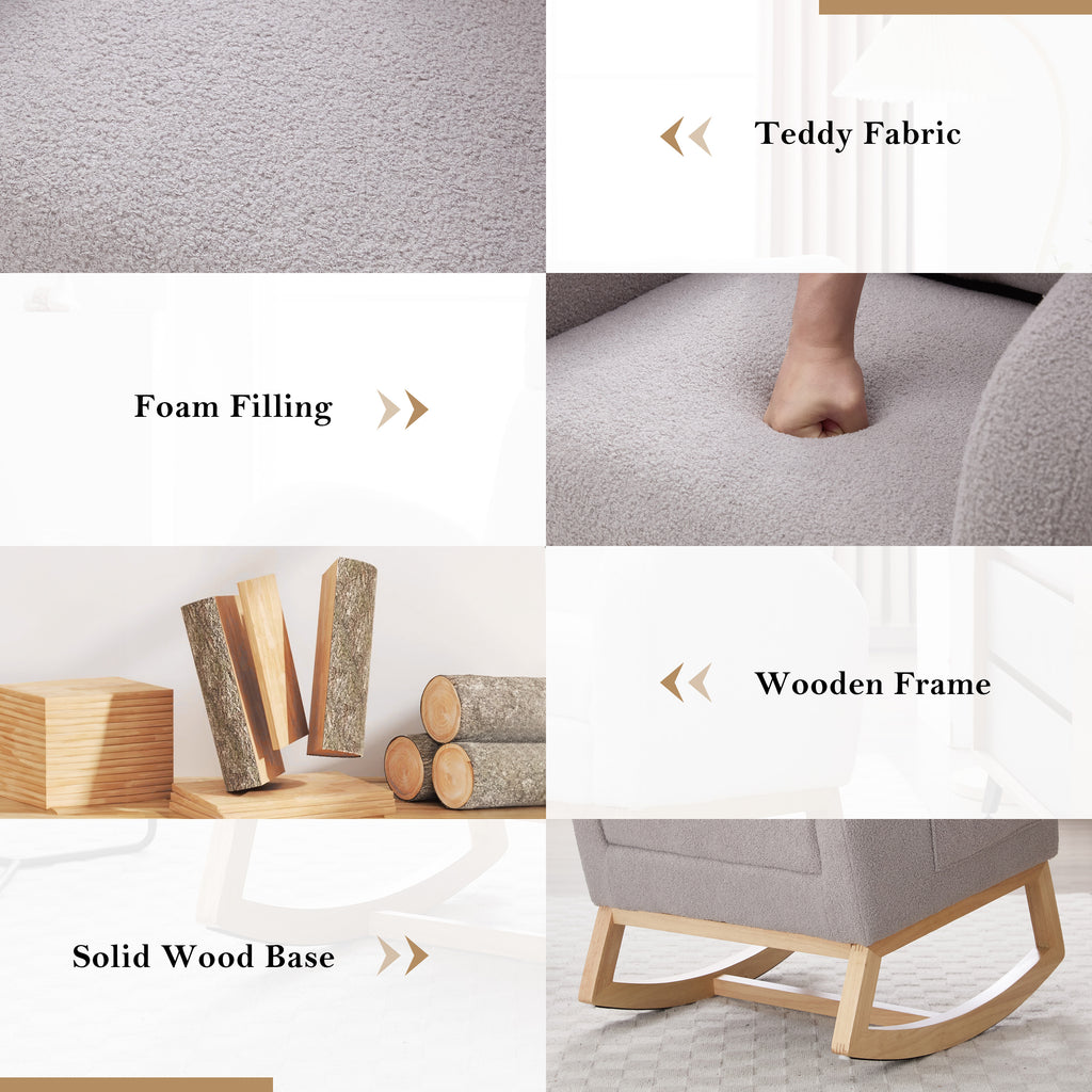 015B-Teddy Fabric Leisure Rocking Chair,Nursery Rocking Chair With Adjustable Footstool,Thickened Headrest And High Backrest, Storage Pocket On The Right Side,The Base Rocker Is Solid Wood,Light Gray - Grand Goldman Shop