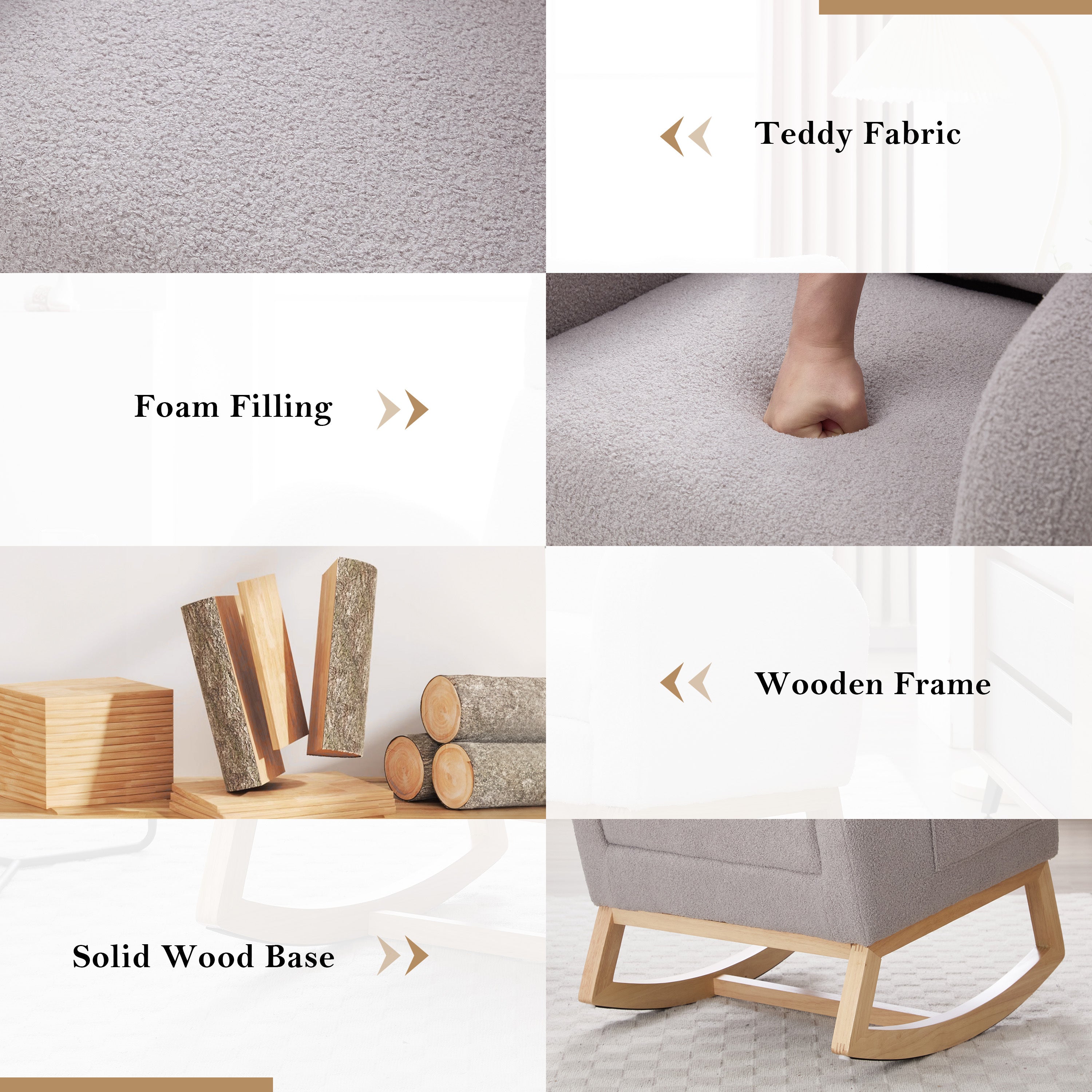 015B-Teddy Fabric Leisure Rocking Chair,Nursery Rocking Chair With Adjustable Footstool,Thickened Headrest And High Backrest, Storage Pocket On The Right Side,The Base Rocker Is Solid Wood,Light Gray - Grand Goldman Shop