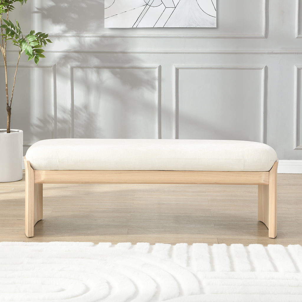 51.5 Inch Beige Rubber Wood Footstool for Bedroom and Living Room – Natural Finish with Soft Fabric Cushion - Grand Goldman Shop