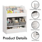 Kids Bookshelf with Storage Bins and Drawer, Multi-Functional Wooden Book Organizer for Toddlers, White Bookcase for Toys, Bo