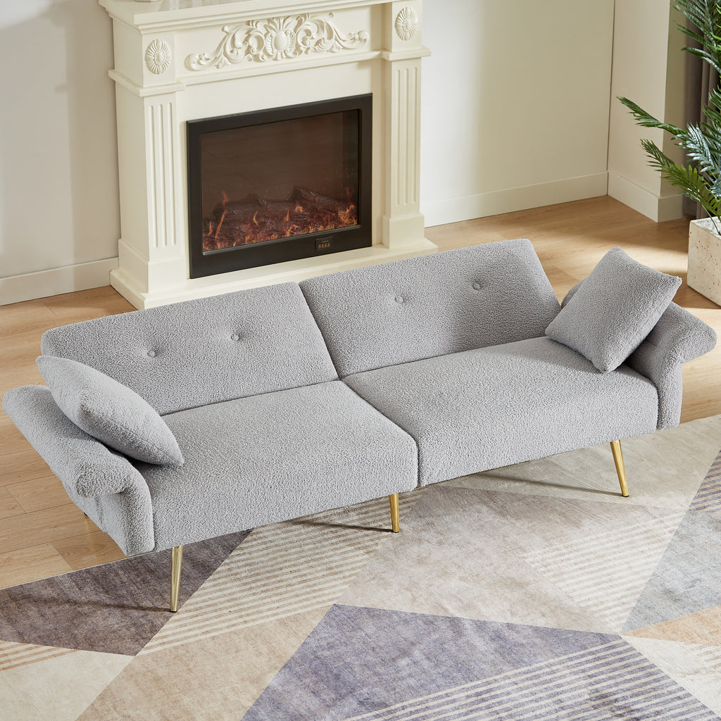 Modern Teddy Upholstered Accent Loveseat Sofa With Side Pocket,Folding Sleeper Sofa Bed With Foldable Armrest , Adjustable Backrest and Golden Metal Legs for Living Room,Grey - Grand Goldman Shop