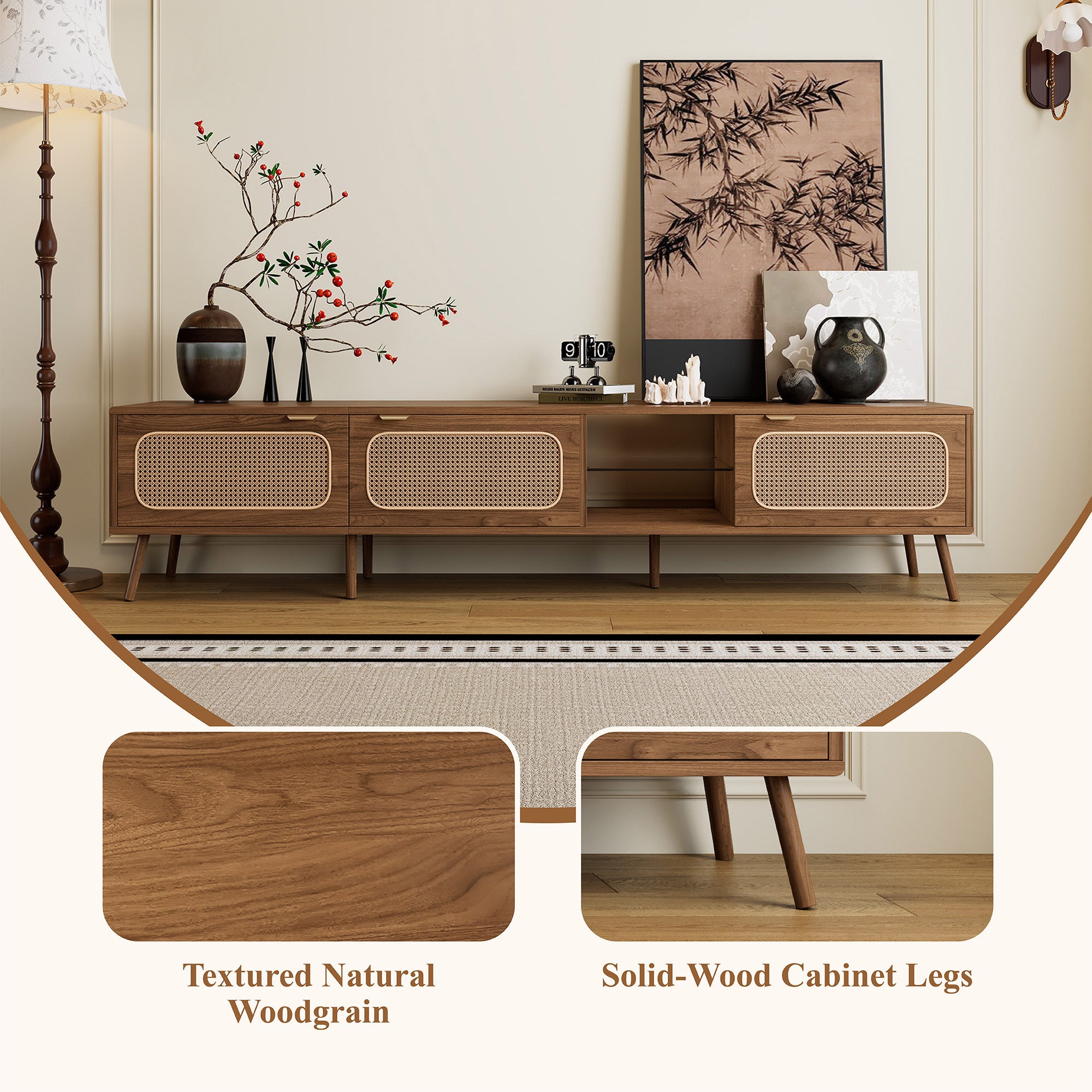 78' TV Stand for 75/80/85 inch TV with Walnut Finish, Ample Storage and Open Shelving in Solid Wood and Glass - Grand Goldman Shop