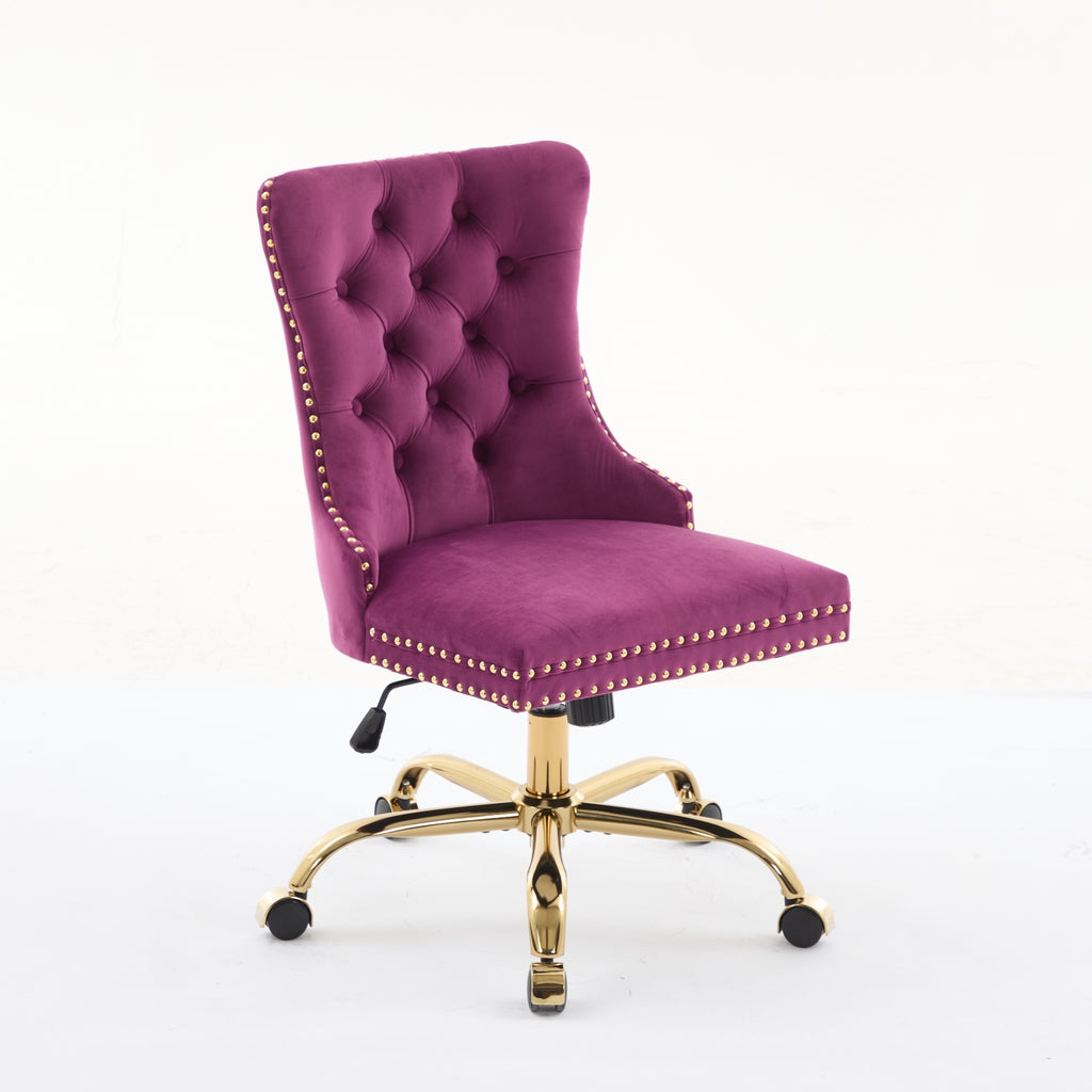 A&A Furniture Office Chair,Modern Velvet Upholstered Tufted Button Home Office Chair with Golden Metal Base,Adjustable Desk C