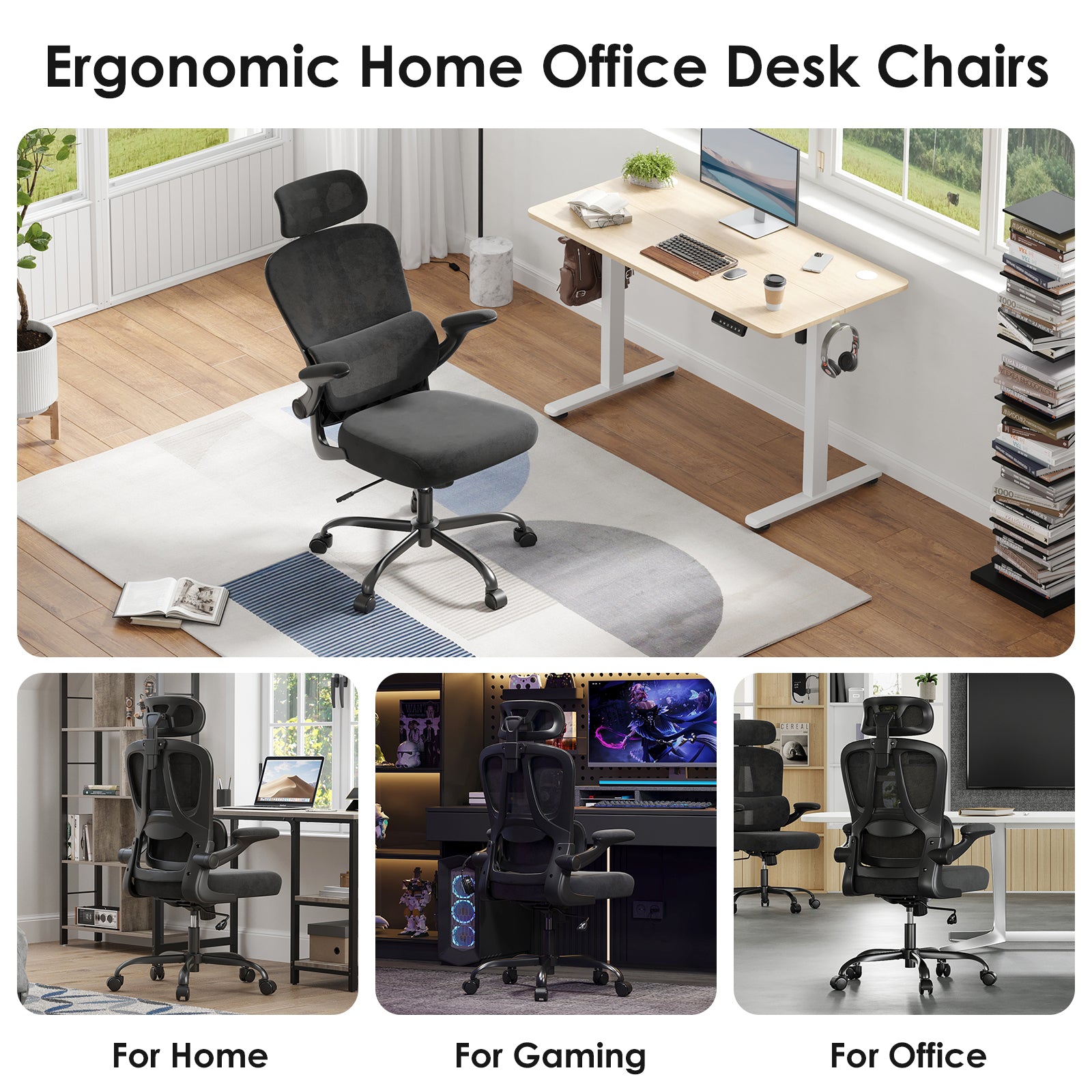 Ergonomic Office Chair, Desk Chair with Headrest and Lumbar Support, High Back Swivel Home Office Chair with Headrest for Hom