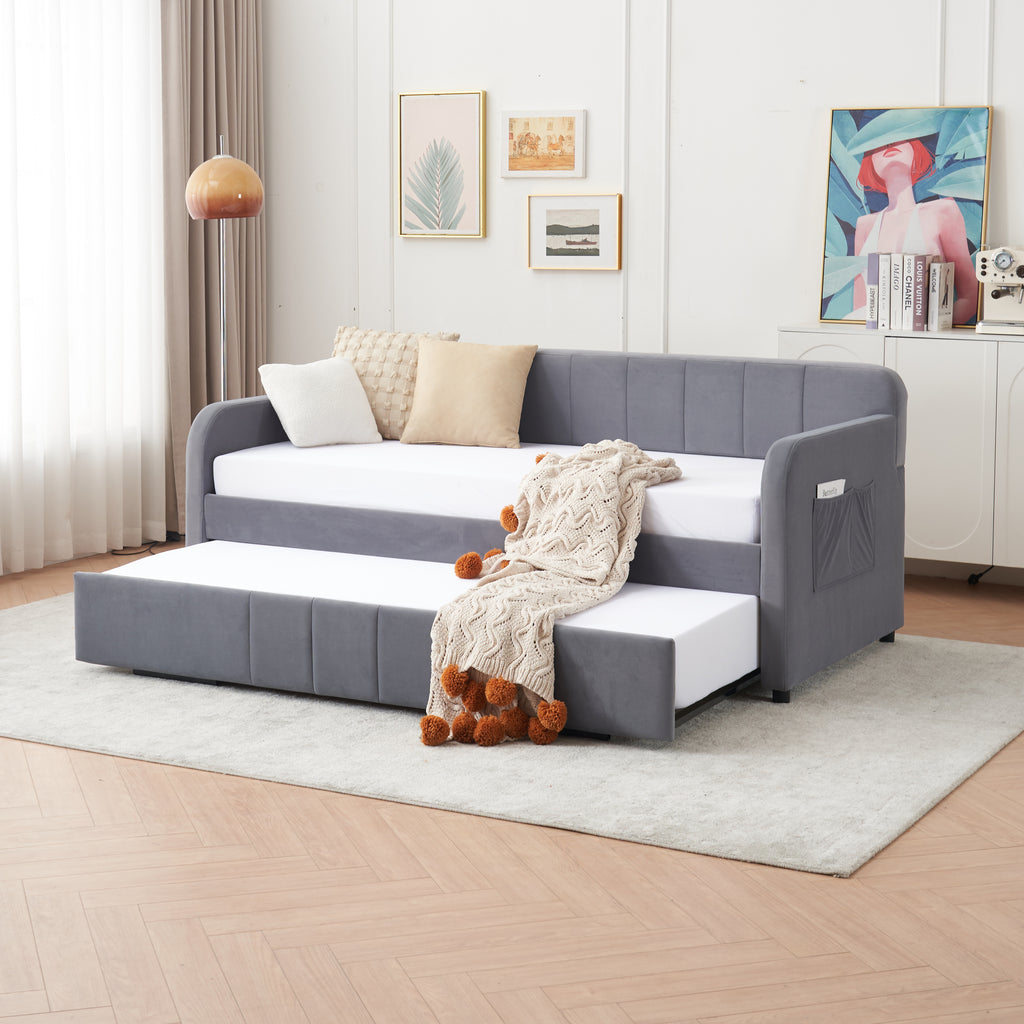 Twin Upholstered Daybed Frame with Trundle, Twin Size Sofa Bed for Bedroom Living Room Guest Room, Wood Slat Support,Grey - Grand Goldman Shop