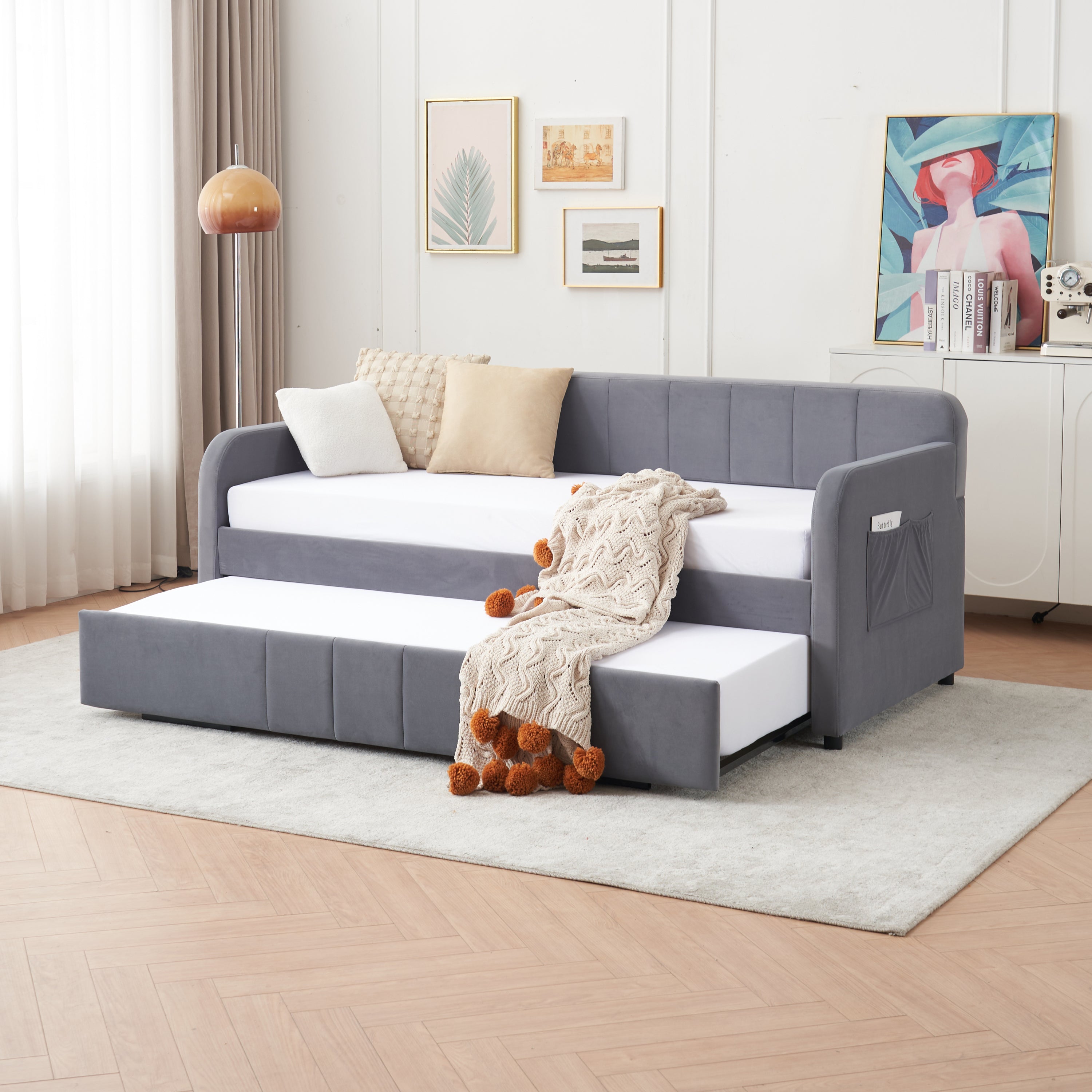 Twin Upholstered Daybed Frame with Trundle, Twin Size Sofa Bed for Bedroom Living Room Guest Room, Wood Slat Support,Grey - Grand Goldman Shop