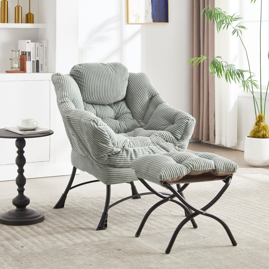Lazy Chair with Ottoman, Modern Lounge Accent Chair with Armrests and a Side Pocket, Leisure Upholstered Sofa Chair Reading Chair with Footrest for Small Space, Corner Chair-Light green - Grand Goldman Shop
