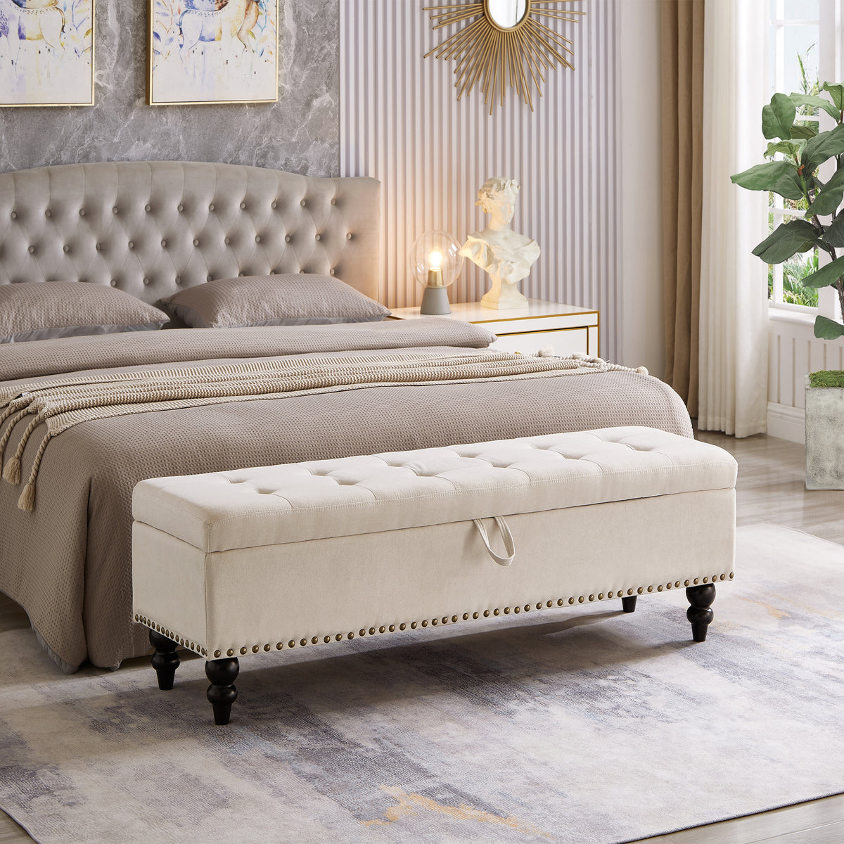 59' Bed Bench Ottoman with Storage  Beige Fabric - Grand Goldman Shop
