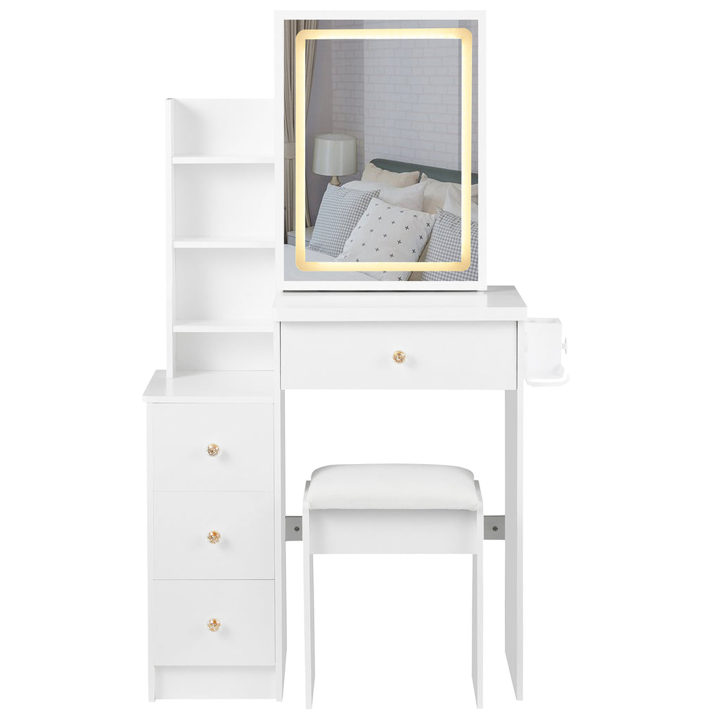 29.2' Small Size Bedside Cabinet Vanity Table + Cushioned Stool, 2 AC+2 USB Power Station, Hair dryer bracket, Extra Large Touch Control Sliding LED Mirror, 3-color Switching, EPA, GCC, UL Certificate - Grand Goldman Shop