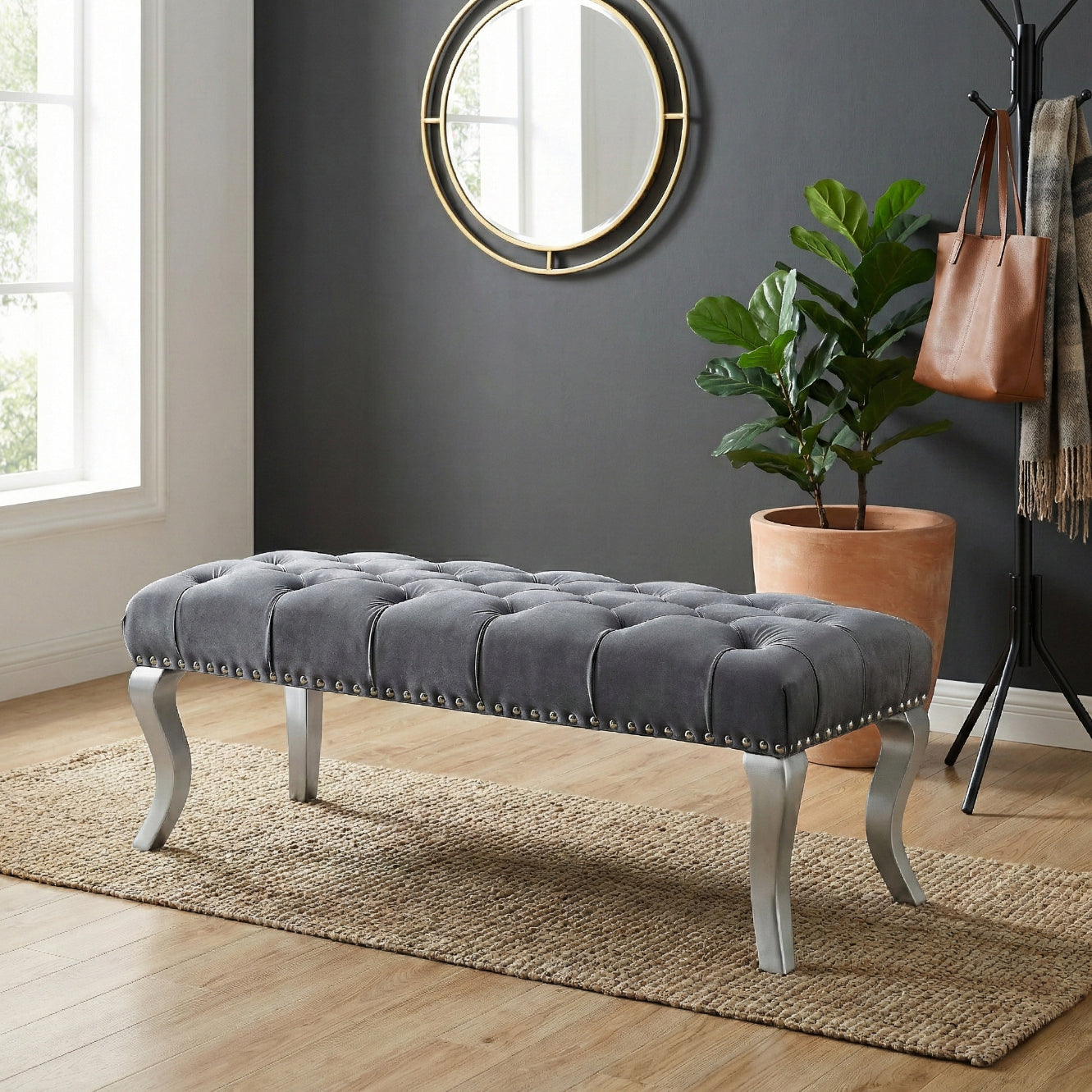 Decor Maxem Tufted Fabric Upholstered Bench Nailhead Trim , Gray - Grand Goldman Shop