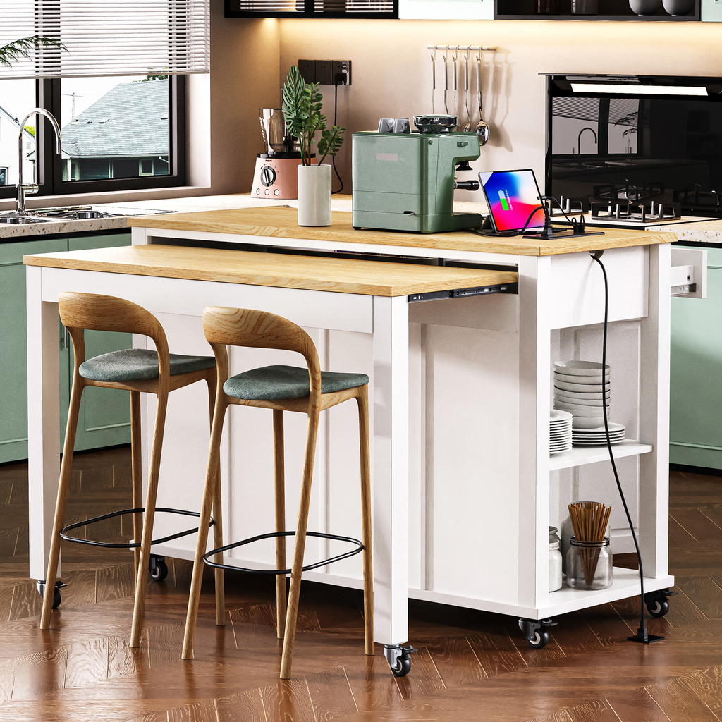 K&K 47 inch Kitchen Island with Extendable Dining Table, Rubber Wood Veneer Kitchen Table with Internal Storage Rack, Power Outlet, Kitchen island with Storage 2 Drawers 2 Cabinet,White - Grand Goldman Shop