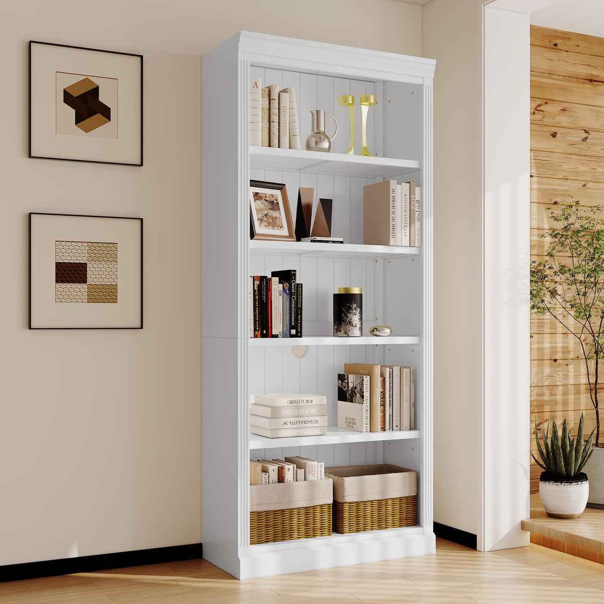 83.4' Tall Wood Bookcase,5-Tier Home Decor Bookshelves with Adjustable Storage Shelves,Storage Organizer for CDs/Books/Movies,Free Standing Storage Shelves for Living Room,Home Office,White