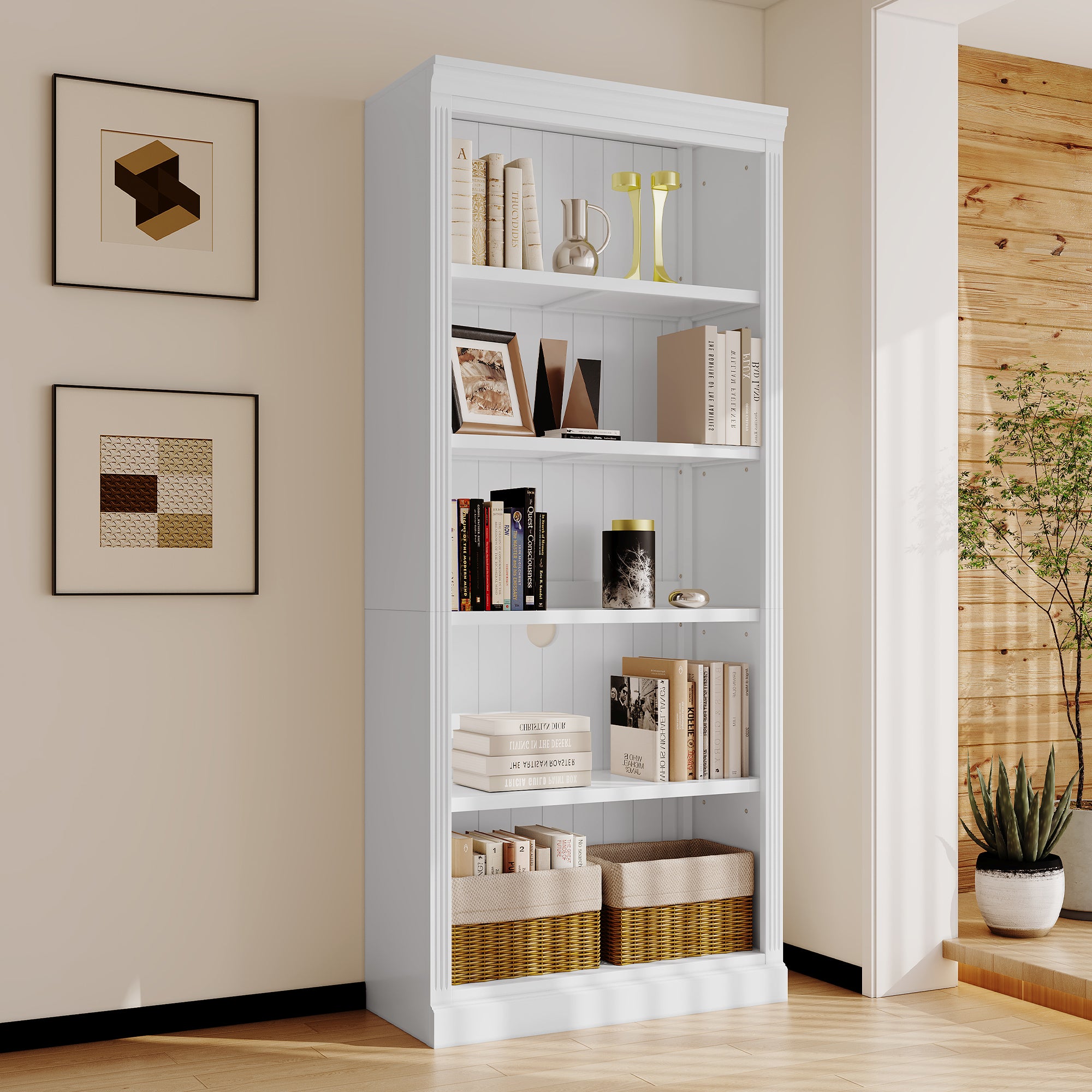83.4' Tall Wood Bookcase,5-Tier Home Decor Bookshelves with Adjustable Storage Shelves,Storage Organizer for CDs/Books/Movies,Free Standing Storage Shelves for Living Room,Home Office,White