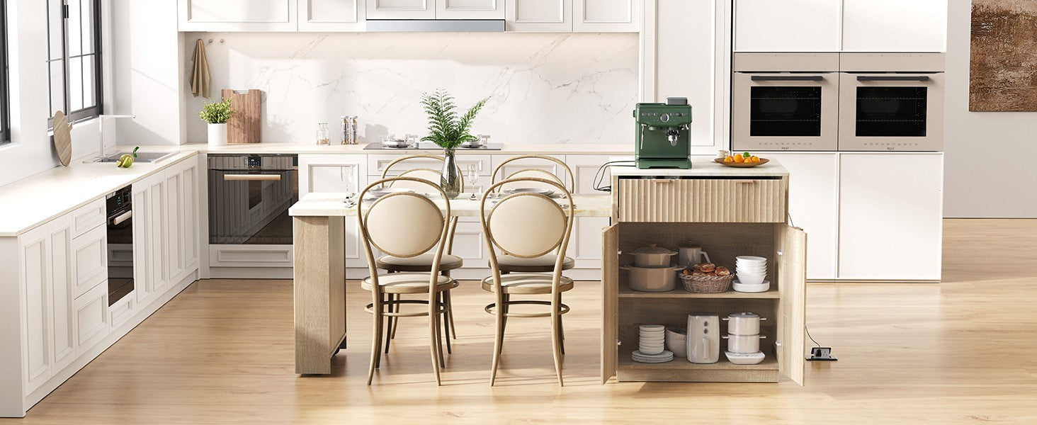 K&K 82.6' Fluted Kitchen Island with Extendable Dining Table for 4-6, Island Table for Kitchen with Power Outlet, Kitchen Table with Double-Side Storage, 2 Drawers 2 Side Open Shelves, Natural - Grand Goldman Shop