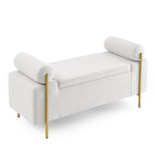 Elegant Upholstered Linen Storage Bench with Cylindrical Arms and Iron Legs, White - Grand Goldman Shop