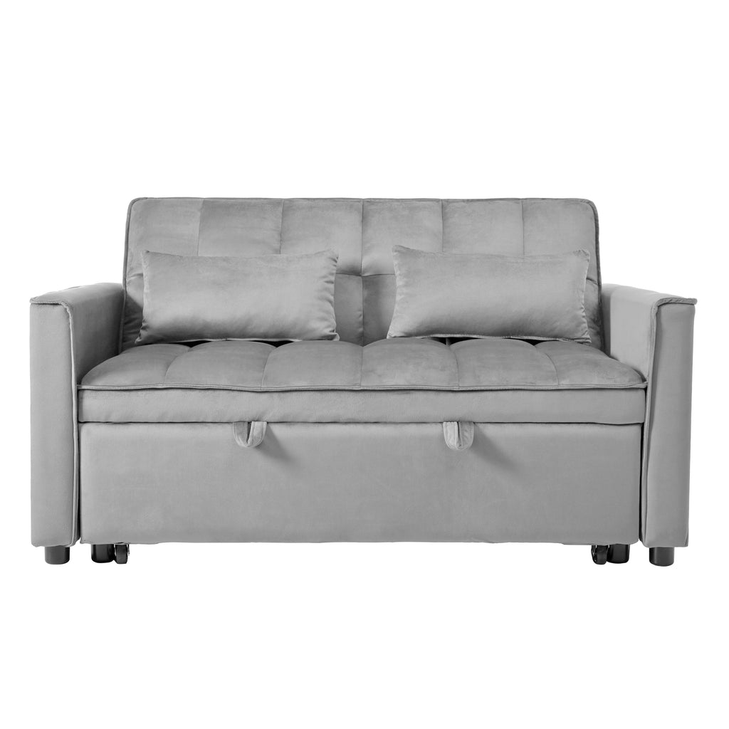 Convertible Sofa Bed, 3-in-1 Pull Out Couch Bed with Reclining Backrest, Pillows, Light Gray Velvet. - Grand Goldman Shop