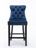 Contemporary Velvet Upholstered Barstools with Button Tufted Decoration and Wooden Legs, and Chrome Nailhead Trim, Leisure Style Bar Chairs,Bar stools, Set of 2 (Blue),SW2002BL - Grand Goldman Shop