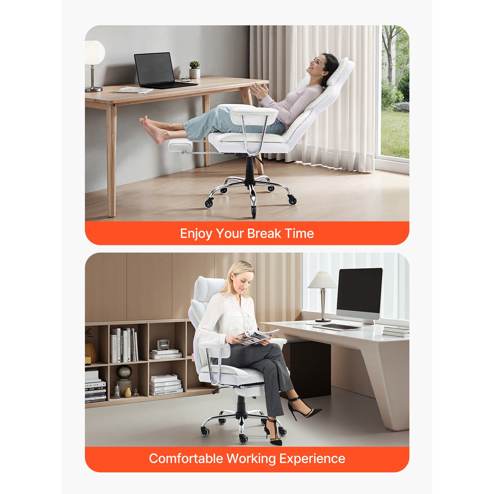 Reclining Office Chair with Footrest, Heavy Duty PU Leather Wide Office Chair, Big and Tall Executive Office Chairs with Lumb