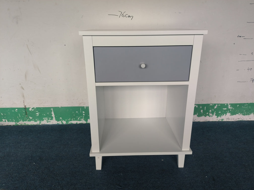Gray+Silver Handle Wooden Nightstand 26.77''H with One Drawer One Shelf for Kids and Adults, White+Gray Finish MDF - Grand Goldman Shop