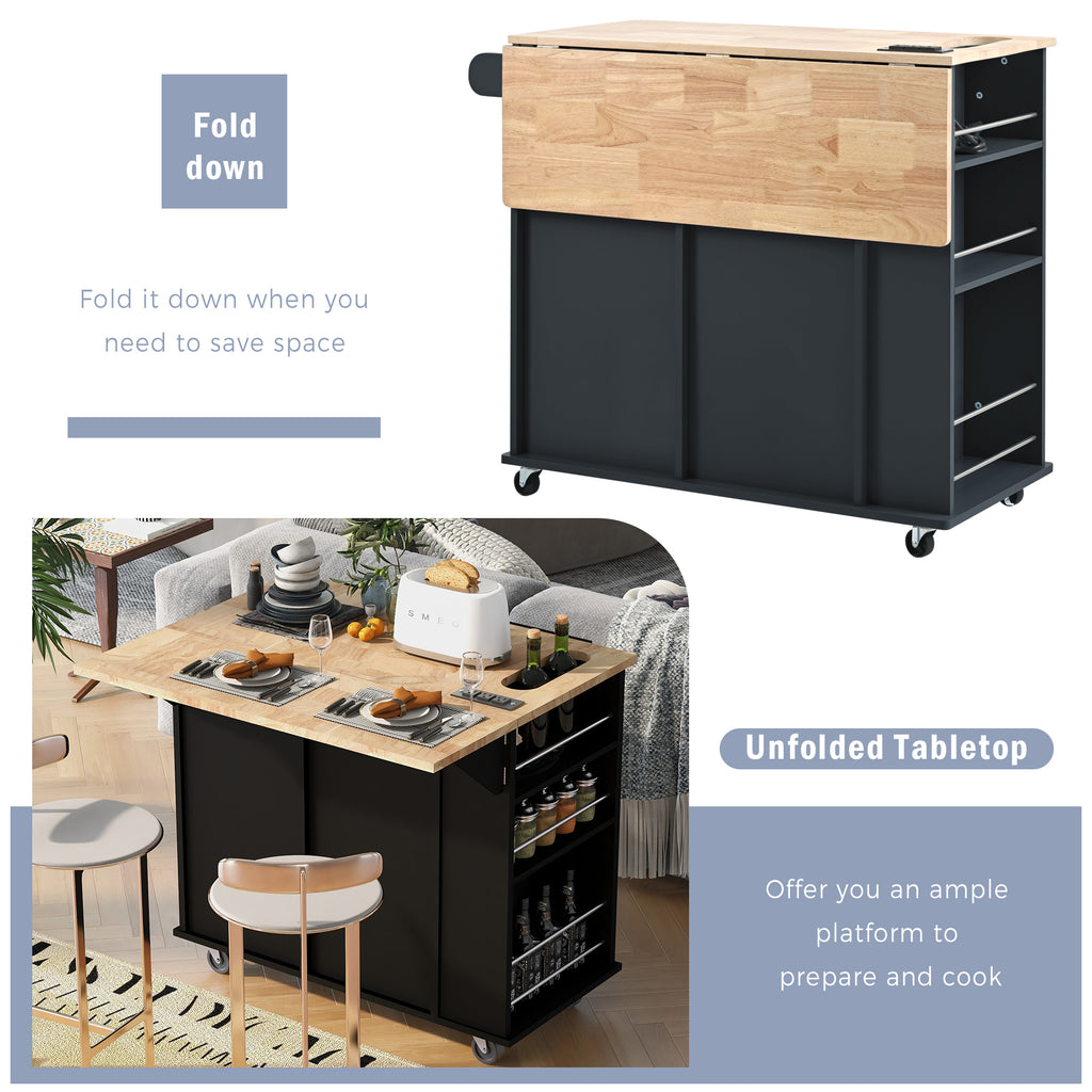 Kitchen Island with Power Outlet,Kitchen Storage Island with Drop Leaf and Rubber Wood,Open Storage and Wine Rack,5 Wheels,with Adjustable Storage for Home, Kitchen, and Dining Room, Black - Grand Goldman Shop