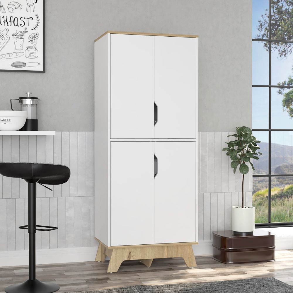 Pamplona Double Kitchen Pantry, Double Door, Four Legs, Four Shelves -Light Oak / White | Premium Home Decor - Grand Goldman