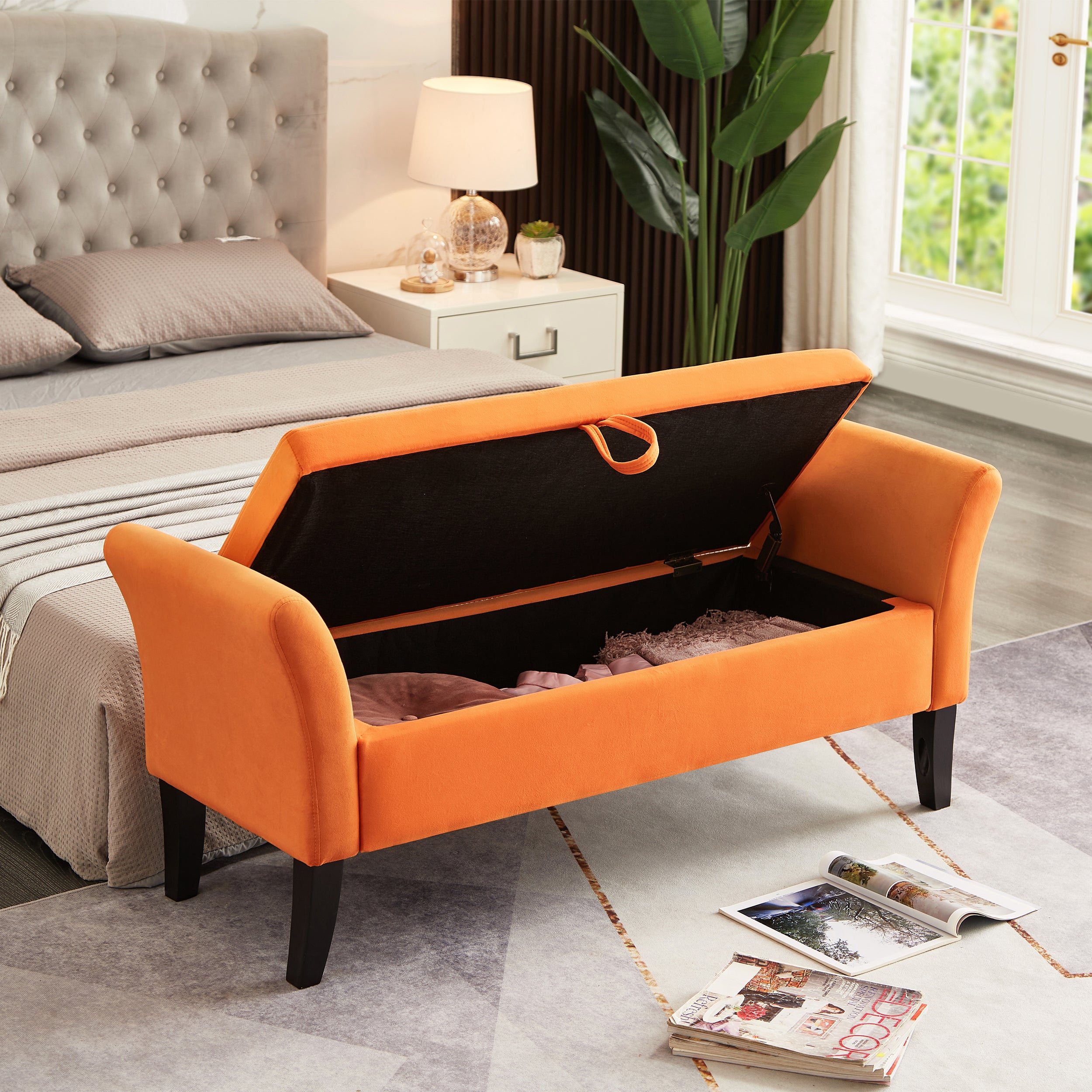 51.5' Bed Bench with Storage Orange Velvet - Grand Goldman Shop