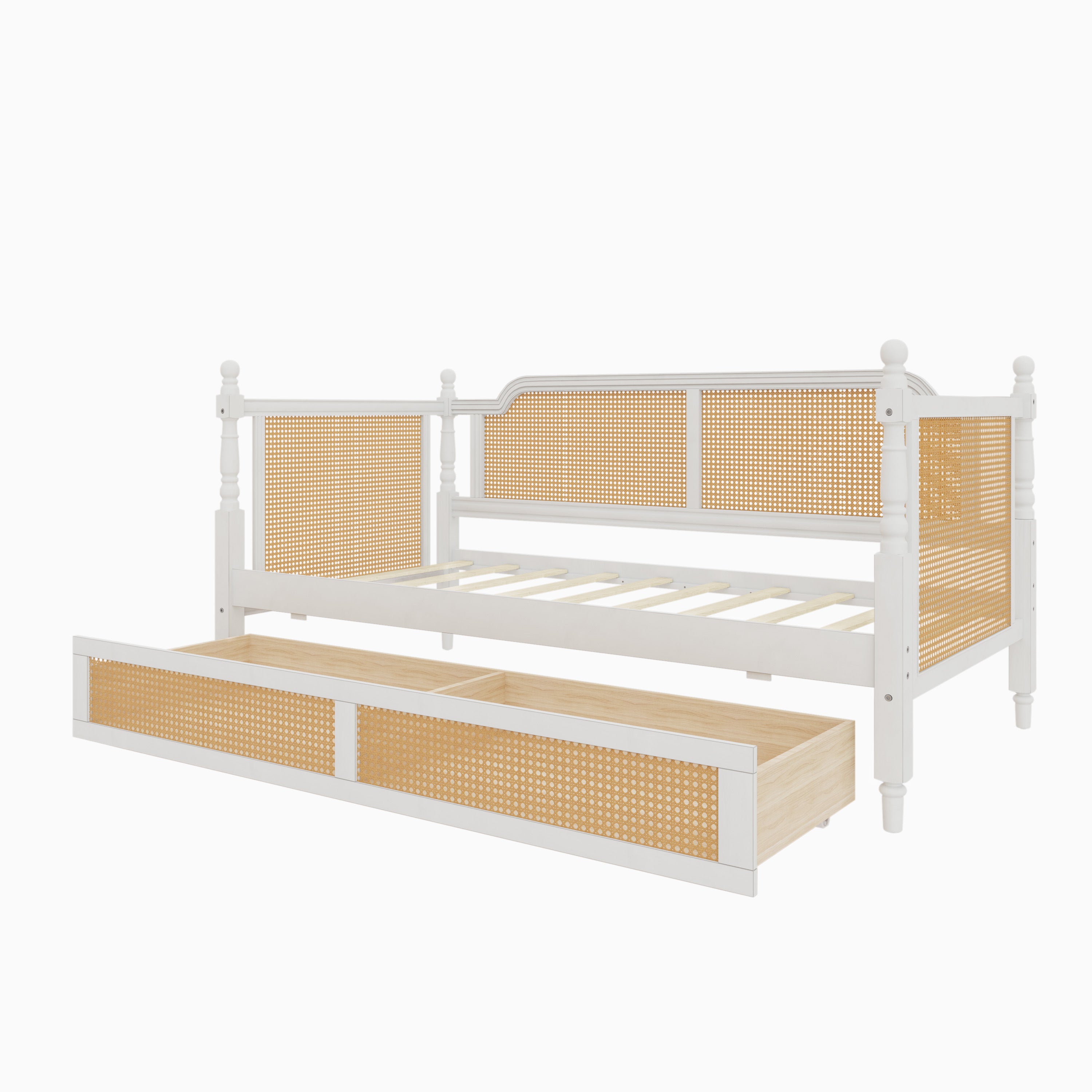 Traditional Style Rattan Twin Size Daybed with 2 Drawers, Antique White, Solid Pine Wood & MDF - Grand Goldman Shop