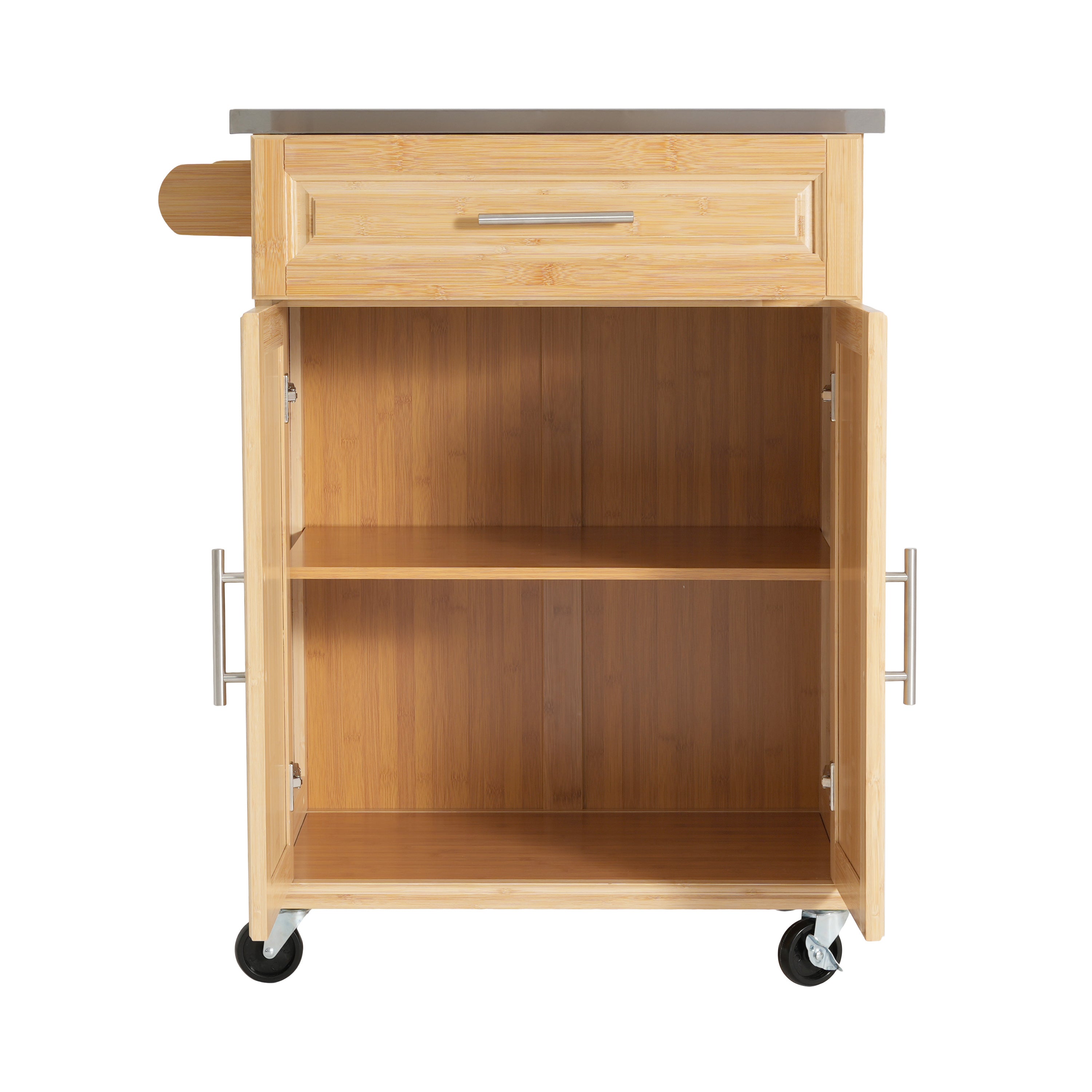 Indoor Compact Bamboo Rolling Kitchen Cart with Stainless Steel Top – Mobile Storage Island with Drawer & Cabinet for Small Spaces - Grand Goldman Shop
