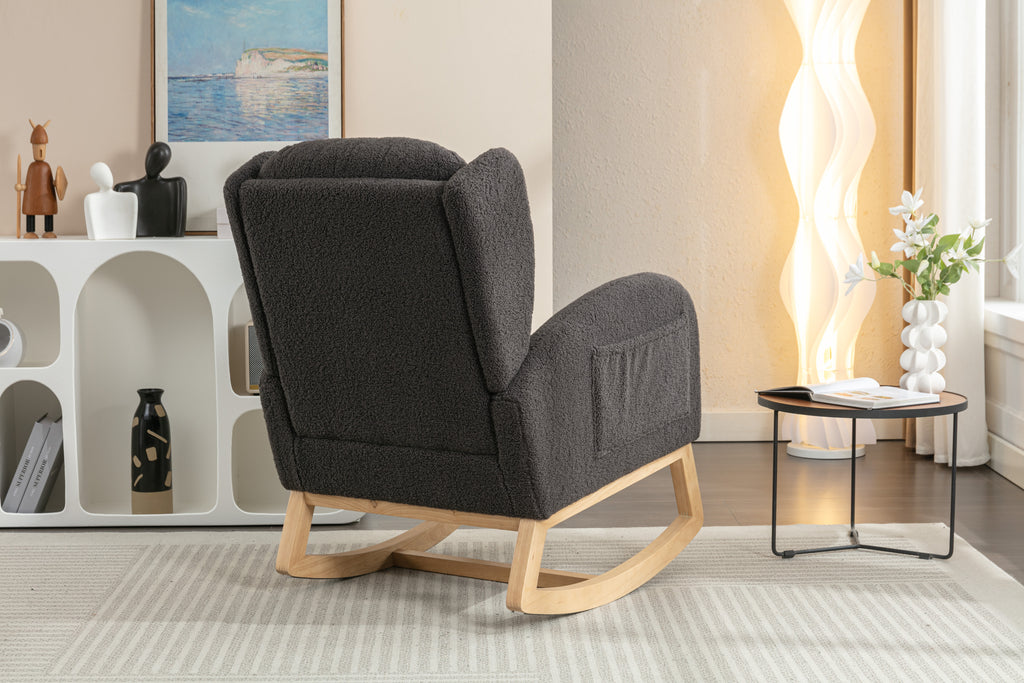 049-Teddy Fabric Rocking Chair With Packet Wood Legs,Dark Gray - Grand Goldman Shop
