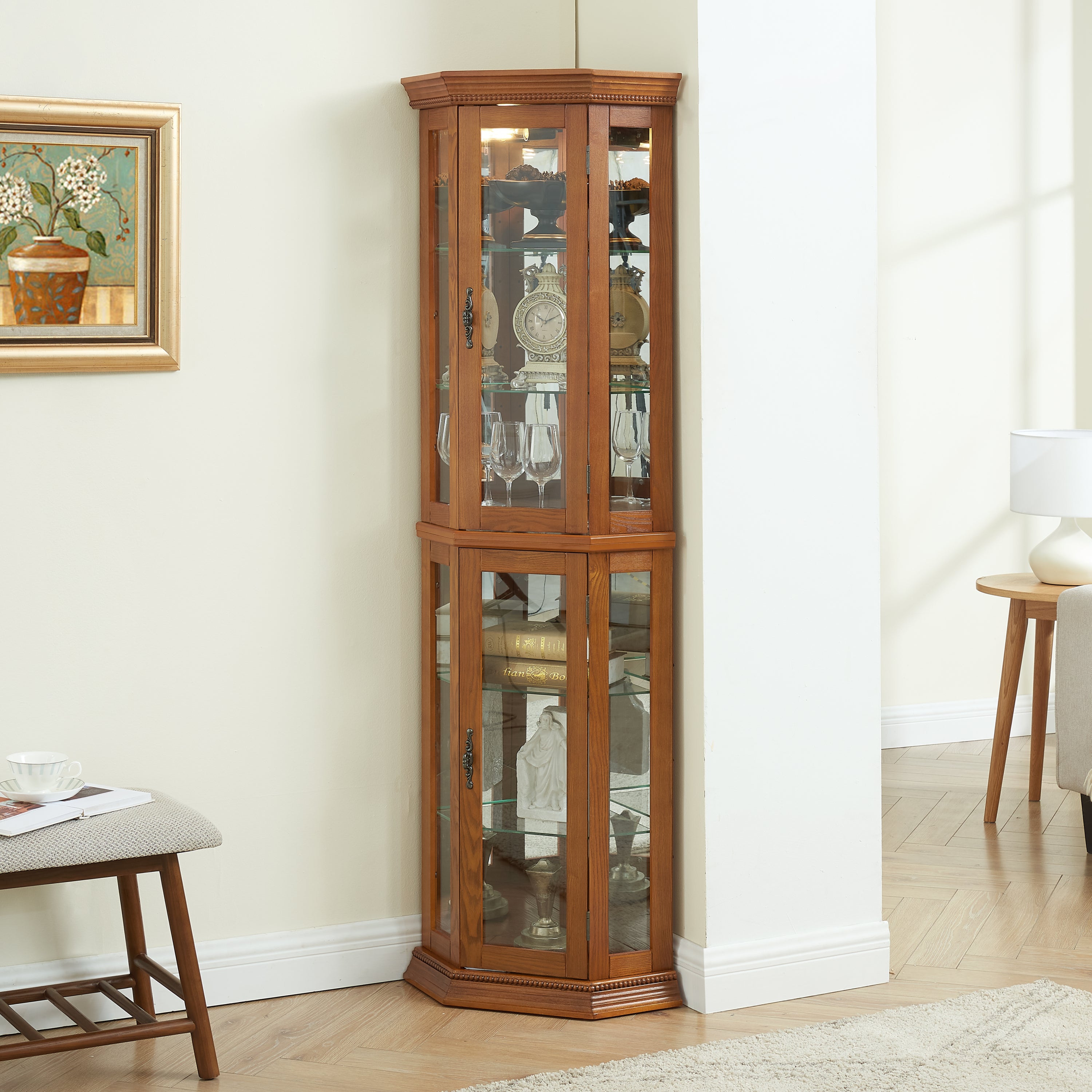Corner Curio Cabinet Lighted Corner Display, Glass Display Shelf Shelving Bar cabinet with Tempered Glass Door, Bar Cabinet,Cabinet with Adjustable Shelf Glass Cabinet Shelves Bead Bulb Included OAK - Grand Goldman Shop