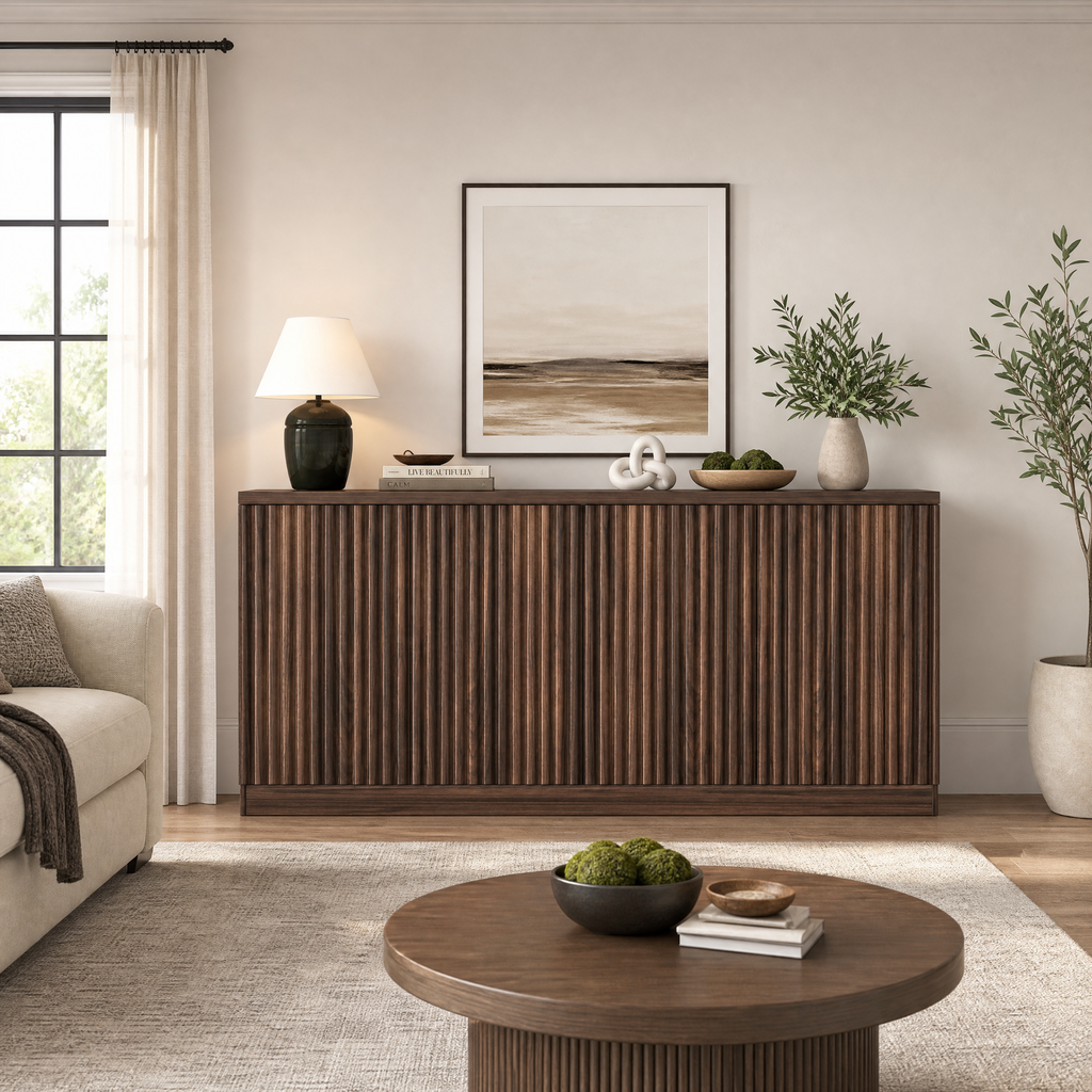 Buffet Cabinet with Storage, 62.60' Sideboard Cabinet with 4 Doors & Shelves, Wooden Kitchen Coffee Bar Credenza Storage for Living Room, Hallway Walnut - Grand Goldman Shop