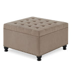 Large square storage ottoman with wooden legs, Upholstered button tufted coffee table with nail trims for for Living Space,Linen - Grand Goldman Shop