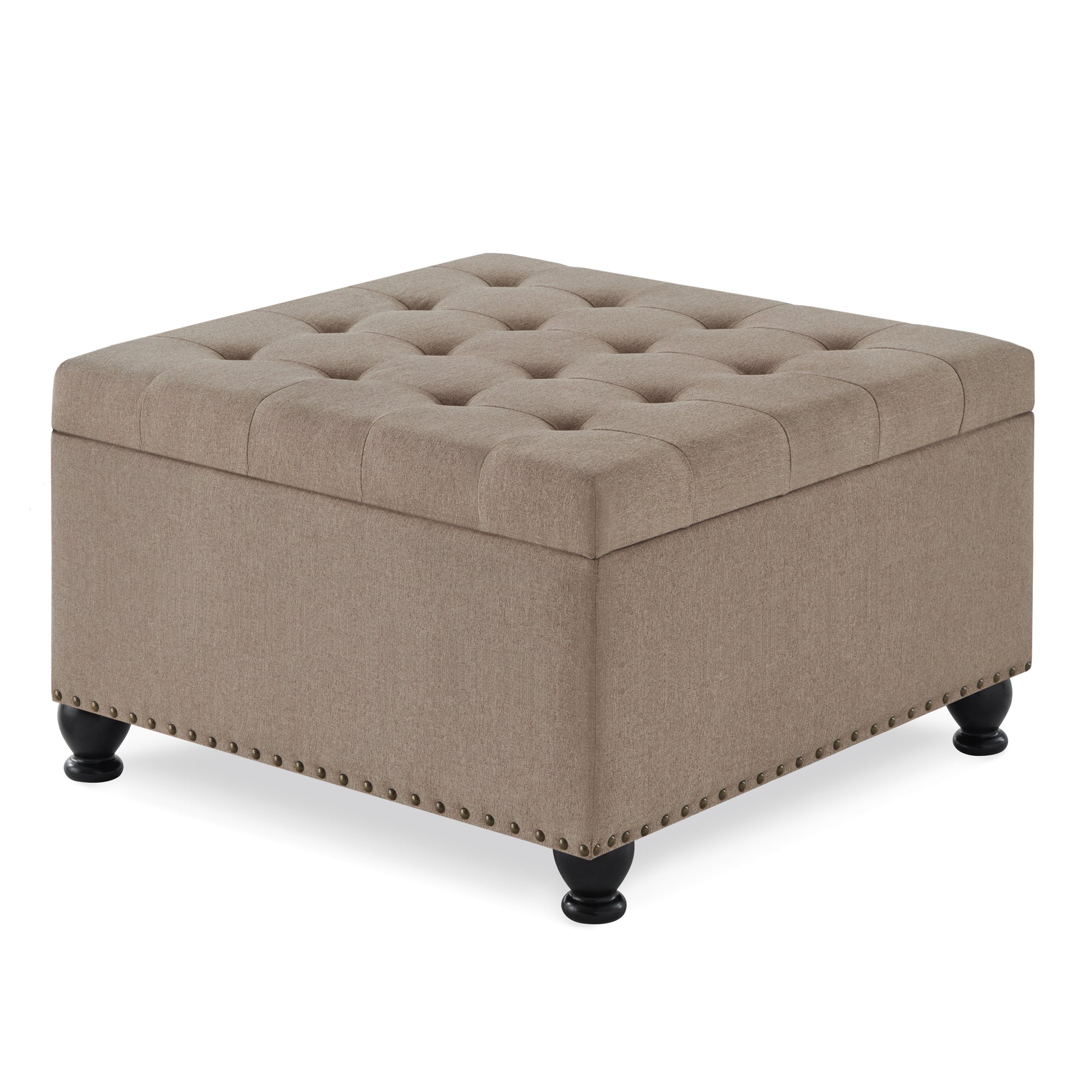 Large square storage ottoman with wooden legs, Upholstered button tufted coffee table with nail trims for for Living Space,Linen - Grand Goldman Shop
