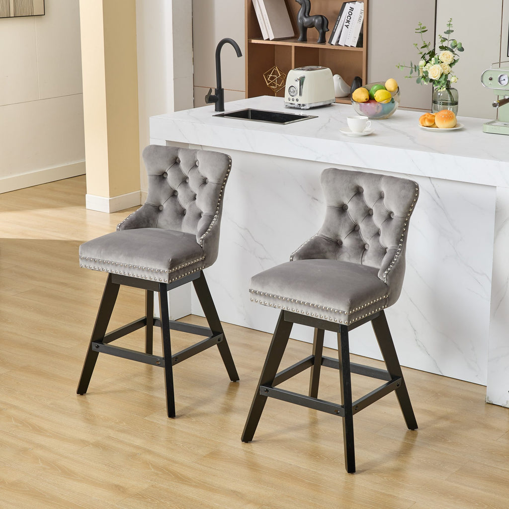 Swivel Velvet Barstools with Button Tufted Decoration and Wooden Legs, and Chrome Nailhead Trim, Leisure Style Bar Chairs,Bar stools, Set of 2 (Gray),SW1860GY - Grand Goldman Shop