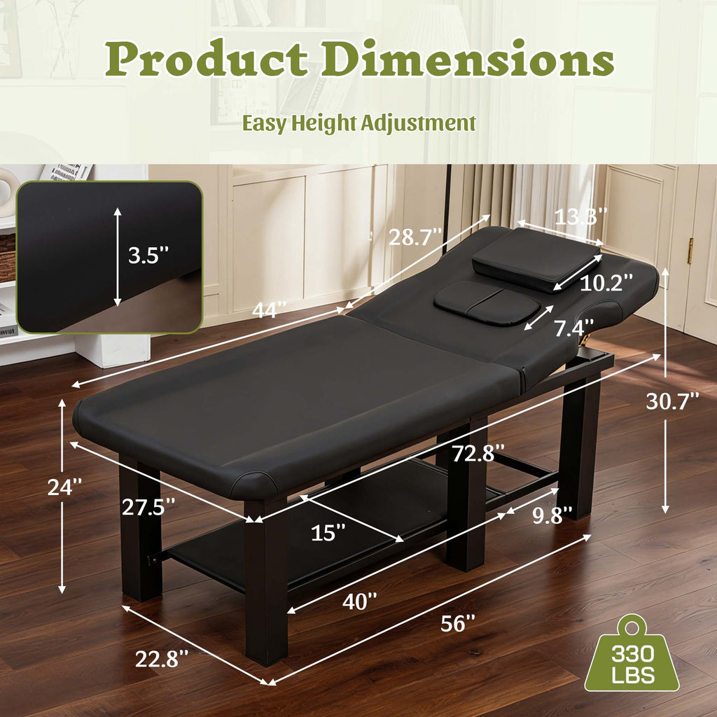 Spa Salon Massage Table with Bottom Storage, Adjustable Backrest (0-15°) & Detachable Headrest, High-Resiliency Waterproof Cu