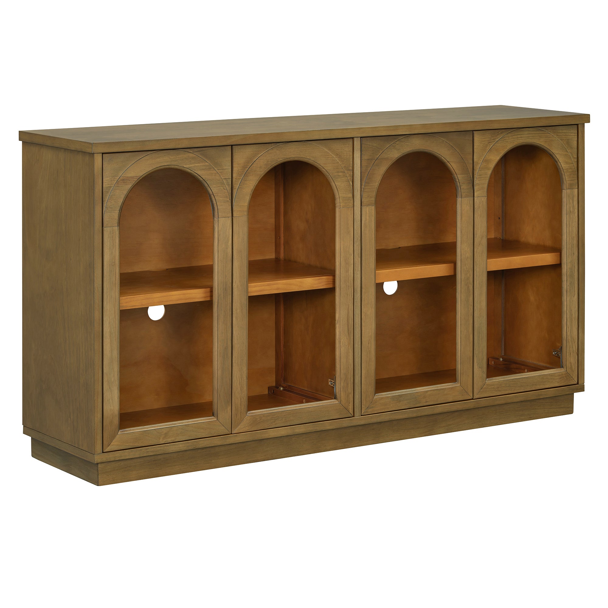 TREXM 4-Door Large Storage Buffet Cabinet with Glass Doors, Arched Cabinet with Adjustable Shelves for Kitchen, Dining Room and Living Room (Old Pine) - Grand Goldman Shop