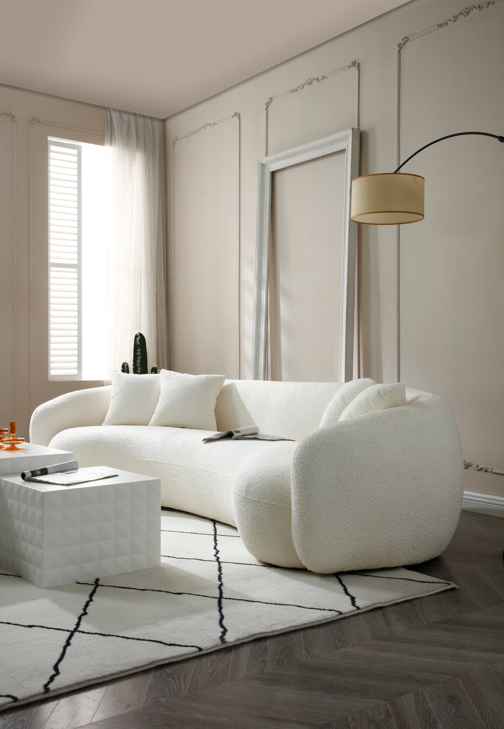 102'' 5-Seater Boucle Sofa Modern Sectional Half Moon Leisure Couch Curved Sofa  WHITE - Grand Goldman Shop