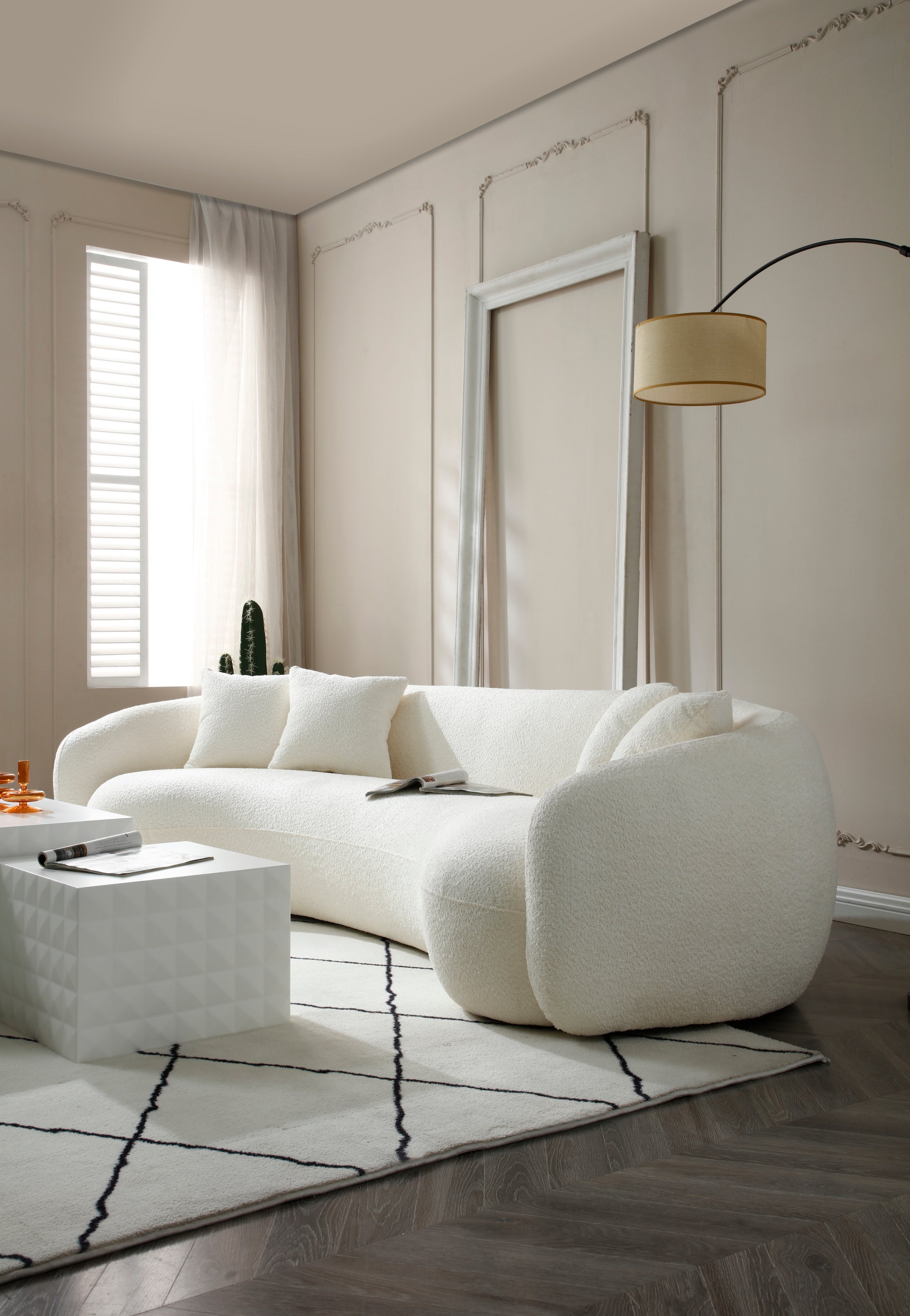 102'' 5-Seater Boucle Sofa Modern Sectional Half Moon Leisure Couch Curved Sofa  WHITE - Grand Goldman Shop