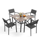 5-teiliges Outdoor-Gartentisch-Set, 4 Eisenstühle (je 159 kg belastbar) + 96 cm quadratischer Metalltisch in Holzmaserung mit Schirmloch, rostfrei, ergonomisches Lamellendesign, 30 Minuten schnelle Montage